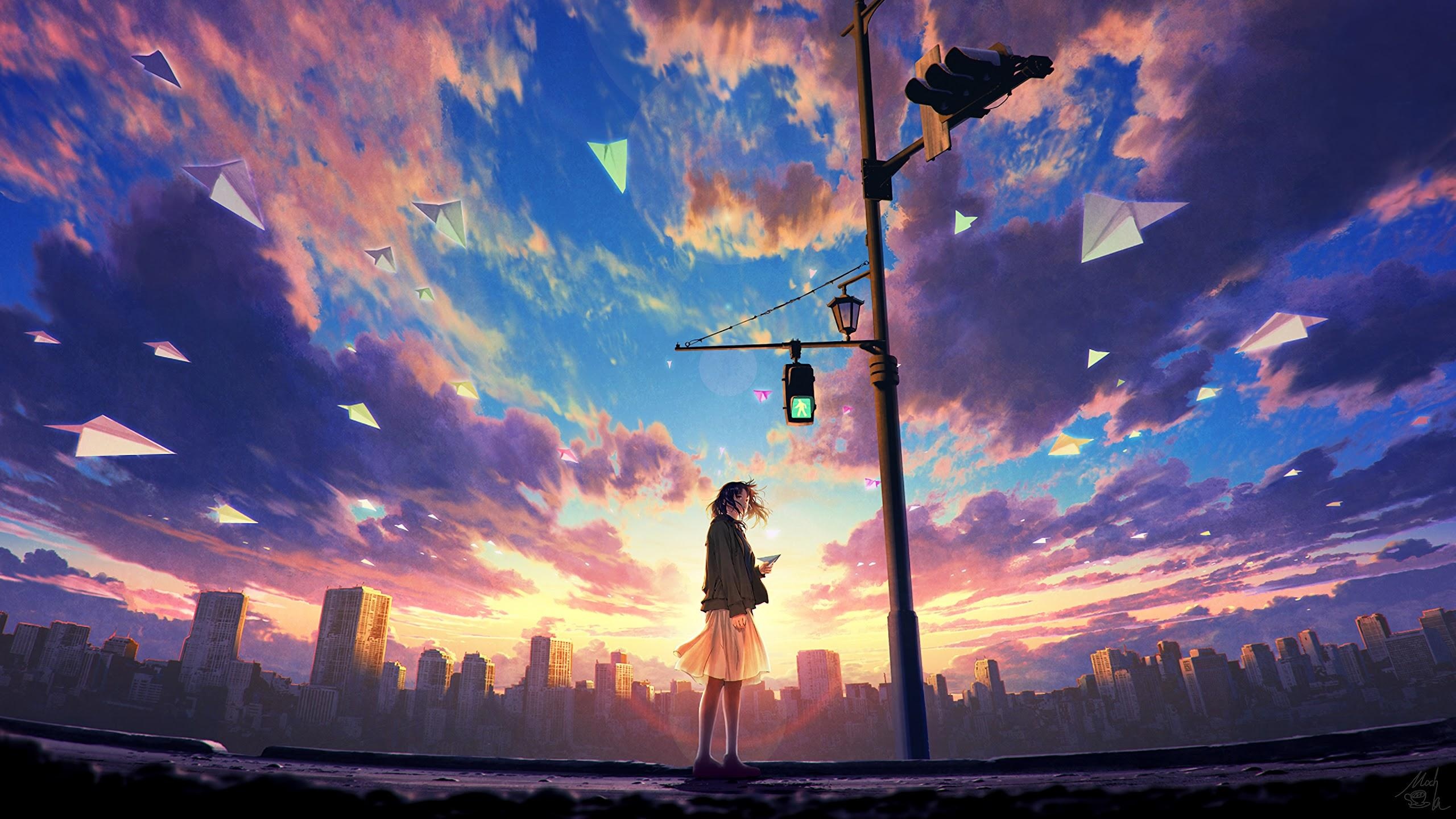 girl with paper airplane, flying paper airplanes, sunset city skyline, HD Desktop wallpaper