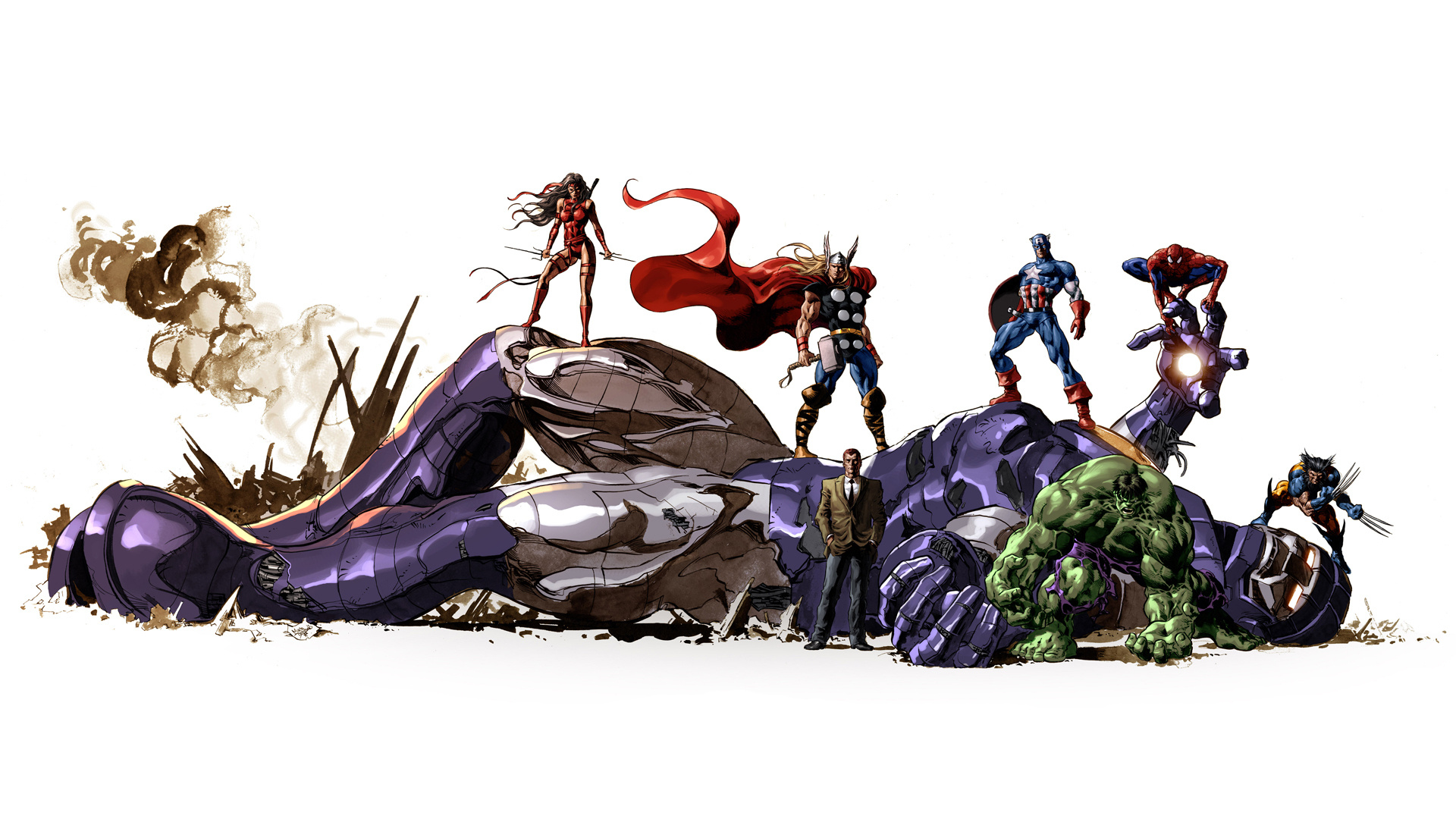 Defeated Sentinel robot, Marvel Comics superheroes, Captain America and Thor, Hulk and Wolverine, Spider-Man and Elektra, Full HD Desktop wallpaper
