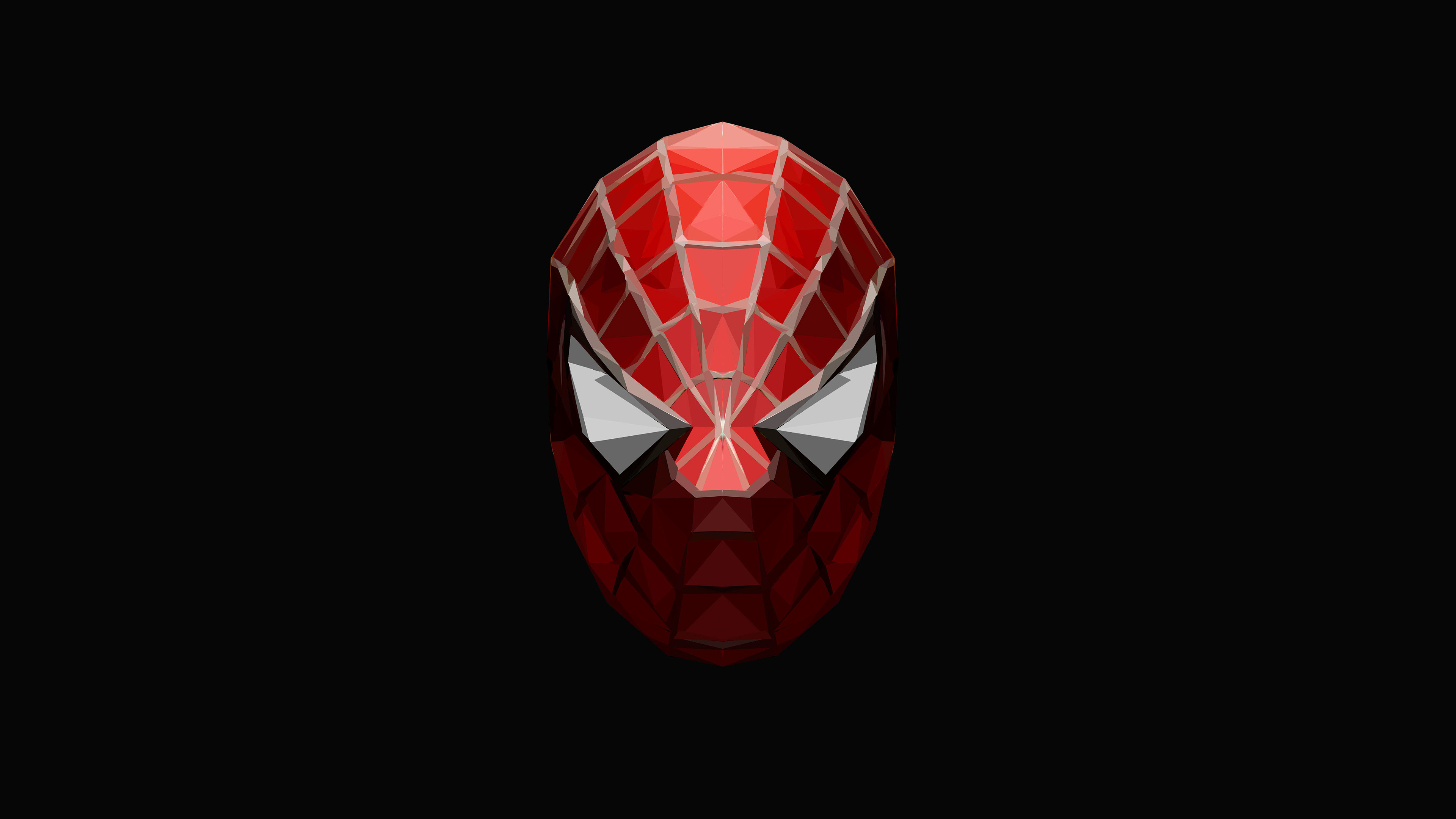 low poly Spider-Man mask, faceted geometric mesh, solid black background, 4K Desktop wallpaper