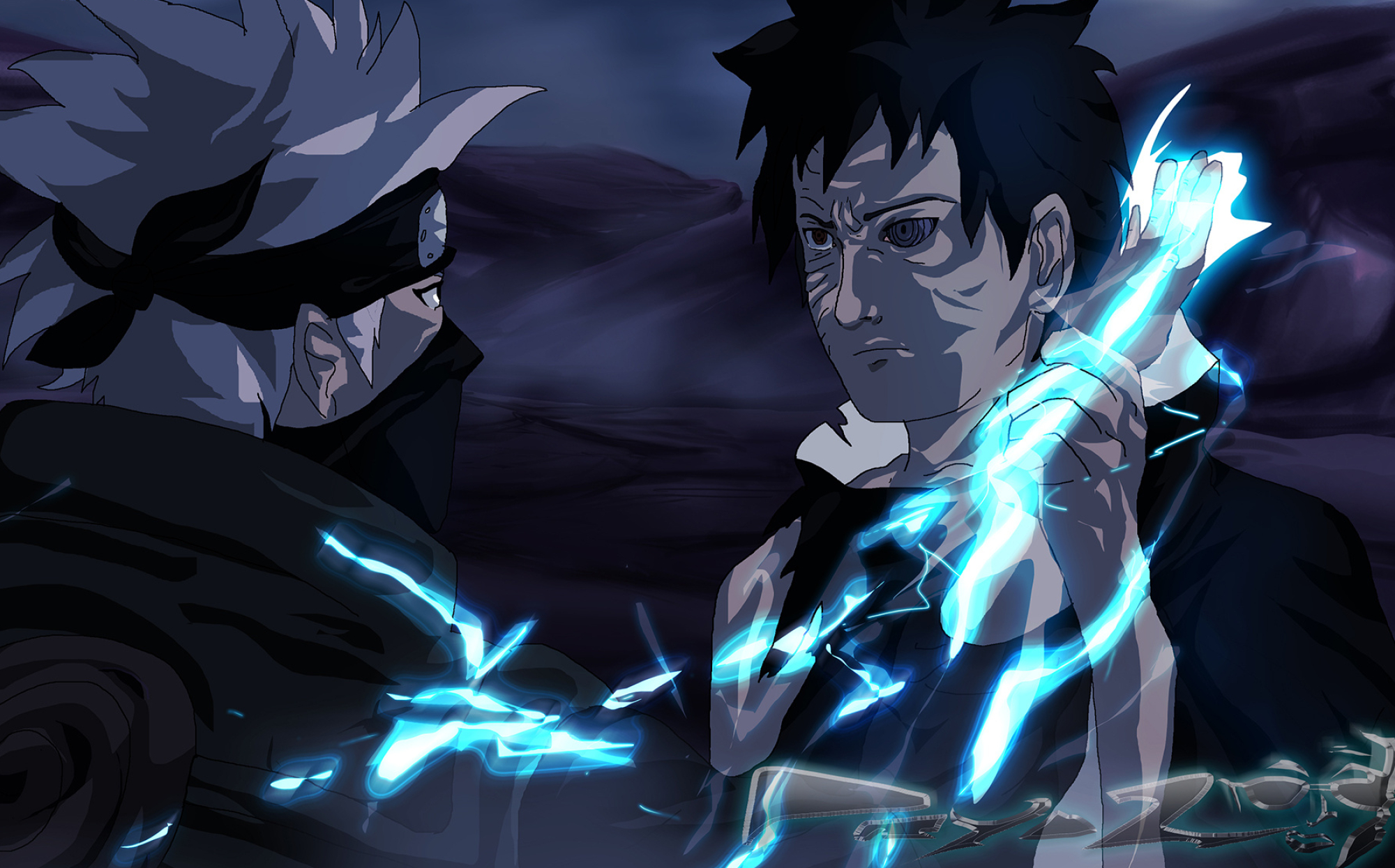 Obito Uchiha, Kakashi Hatake, Chidori lightning strike, HD Desktop wallpaper