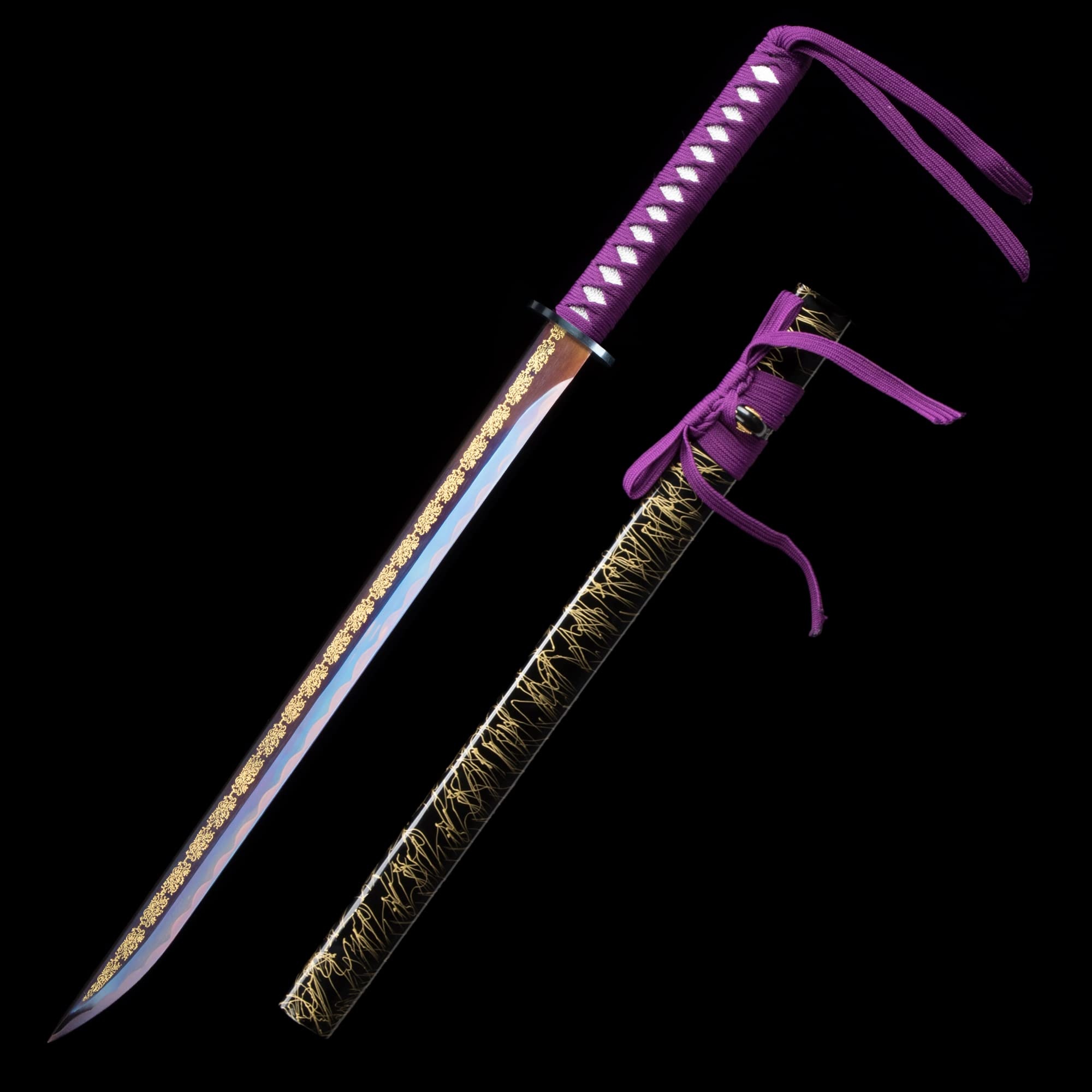 Purple wrapped katana sword, Black and gold saya, Engraved steel blade, HD Phone wallpaper