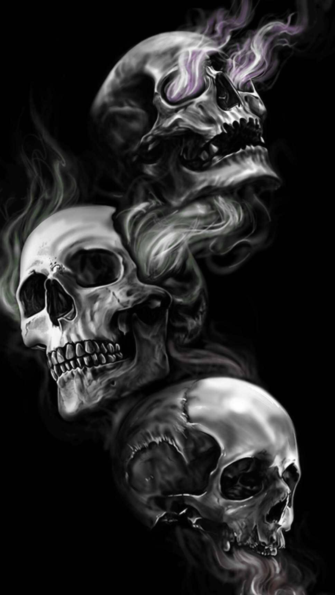 Three airbrushed skulls, Purple and green smoke, Glossy monochrome shading, Full HD Phone wallpaper