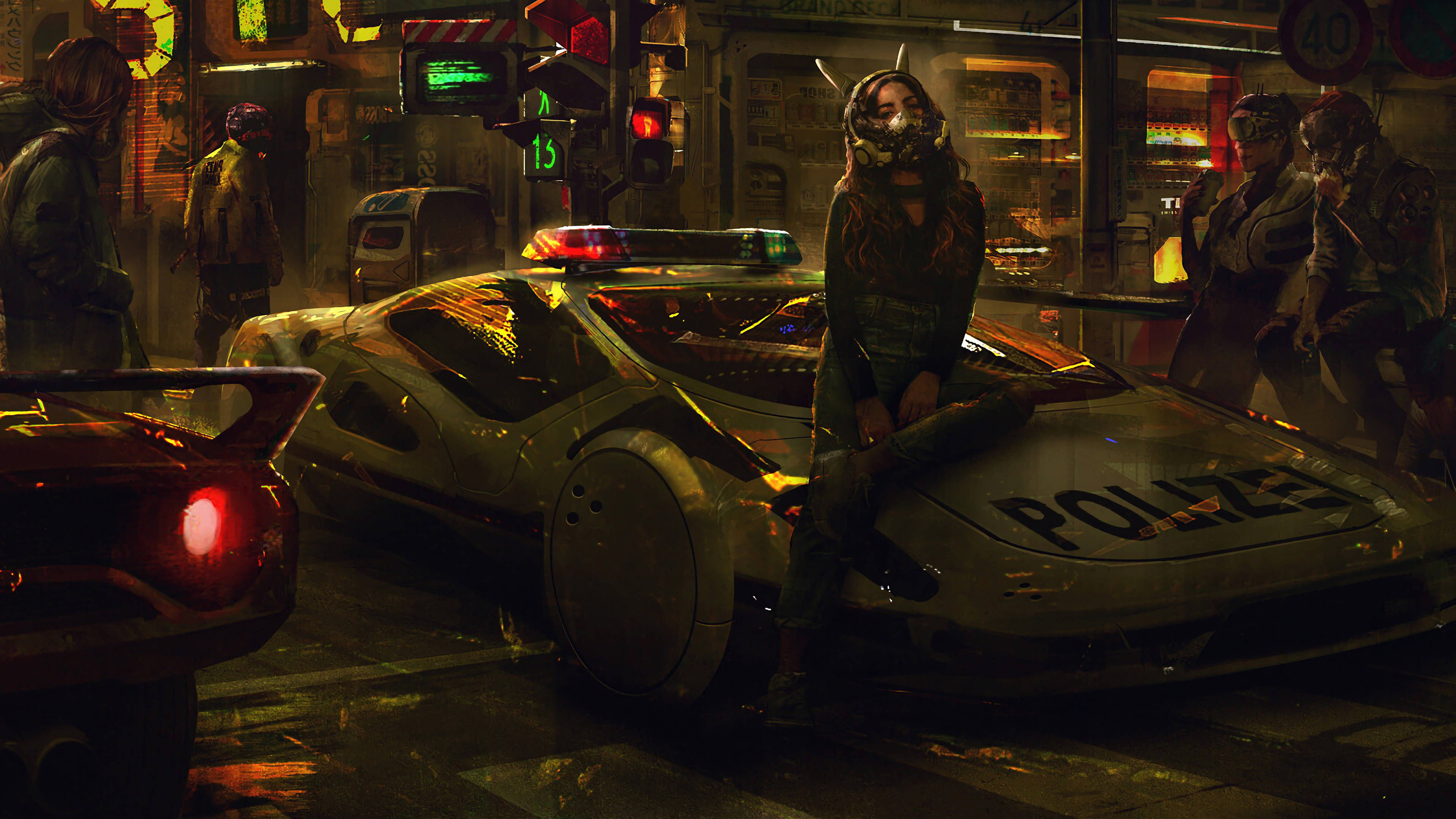 Futuristic Polizei police cruiser, Cyberpunk woman with respirator, Neon dystopian city street, 4K Desktop wallpaper