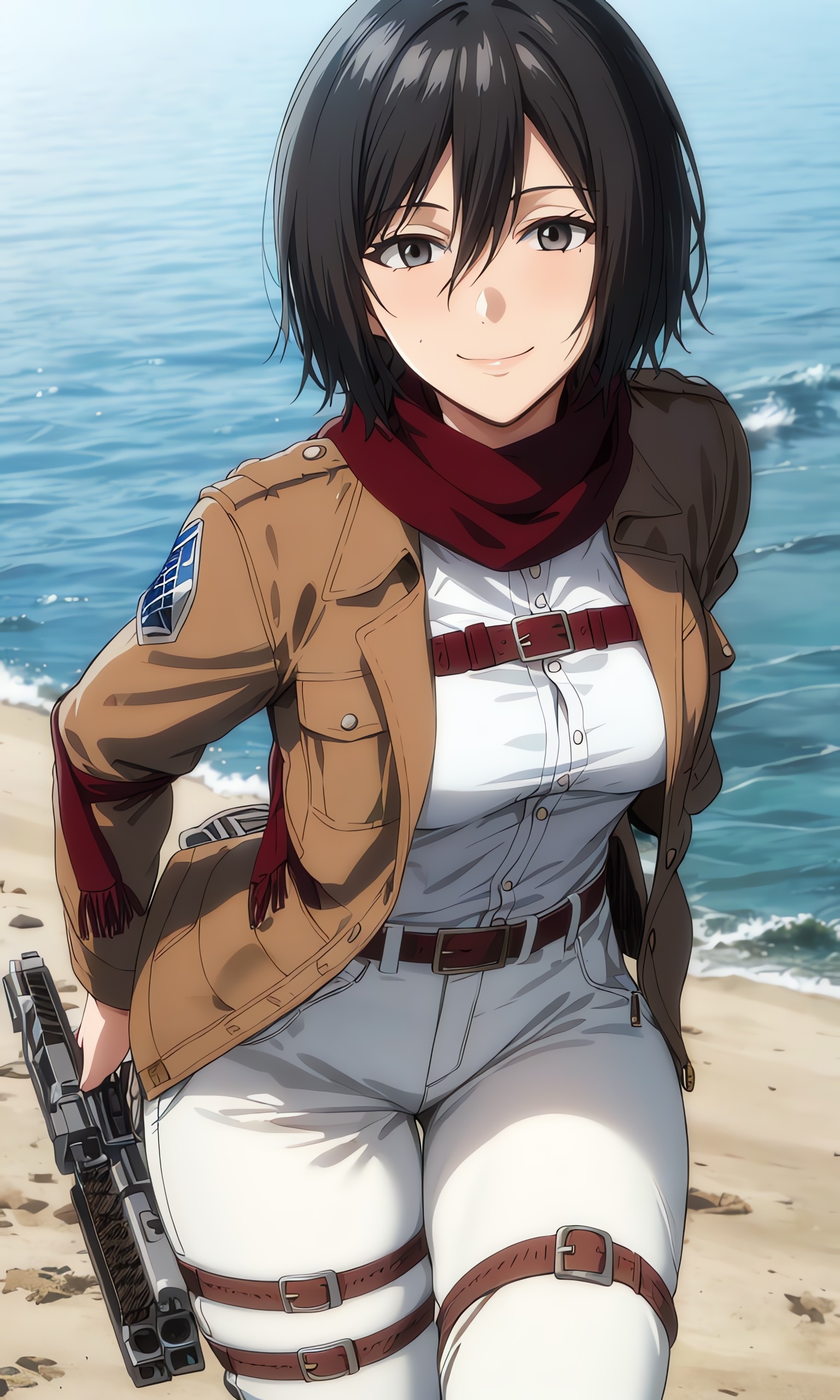 Mikasa Ackerman, Survey Corps uniform, ocean beach shore, HD Phone wallpaper