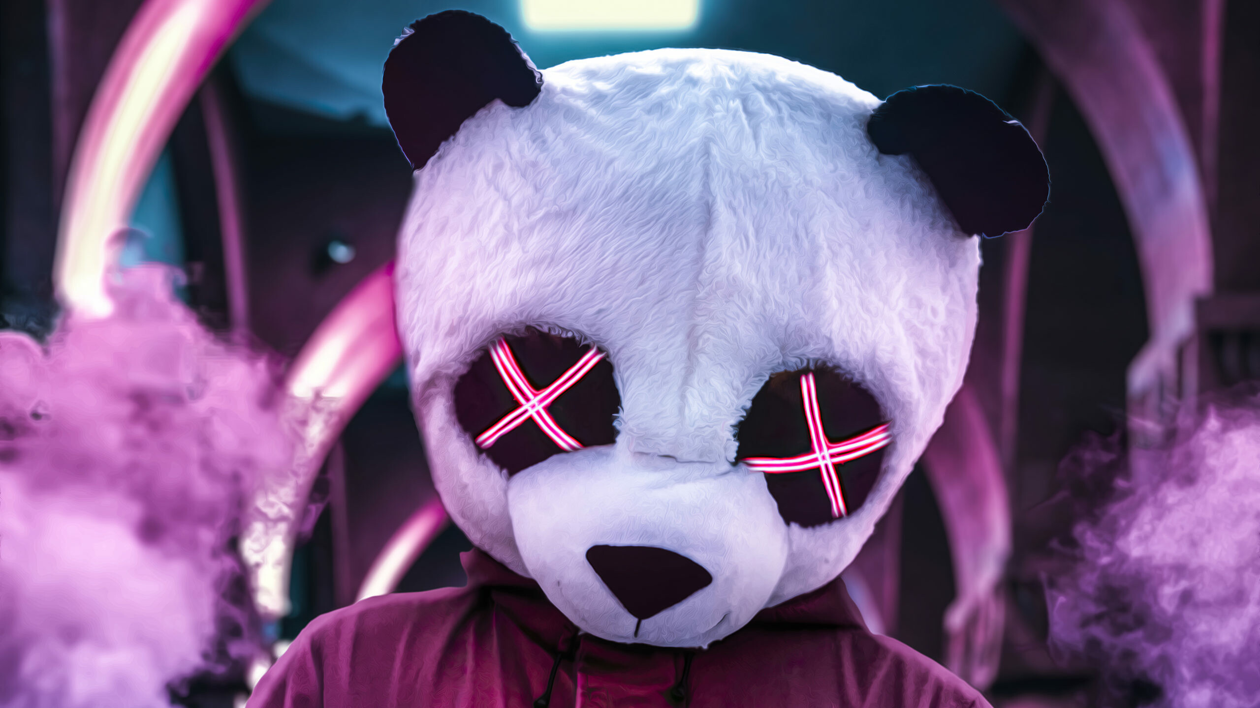 Panda with neon eyes, 4K resolution, Unique wallpaper, Mesmerizing gaze, 2560x1440 HD Desktop