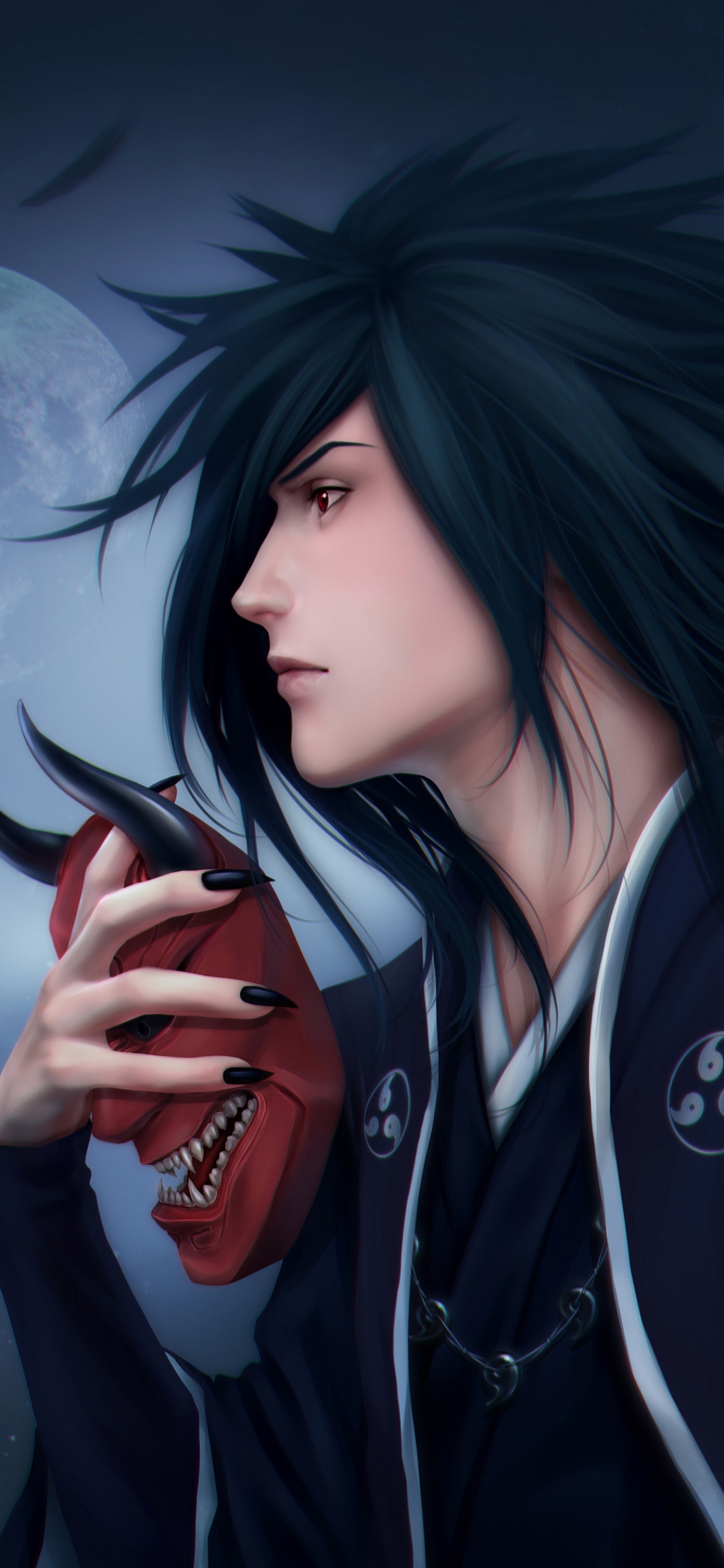 Madara Uchiha, red Hannya mask, glowing Sharingan eye, HD Phone wallpaper