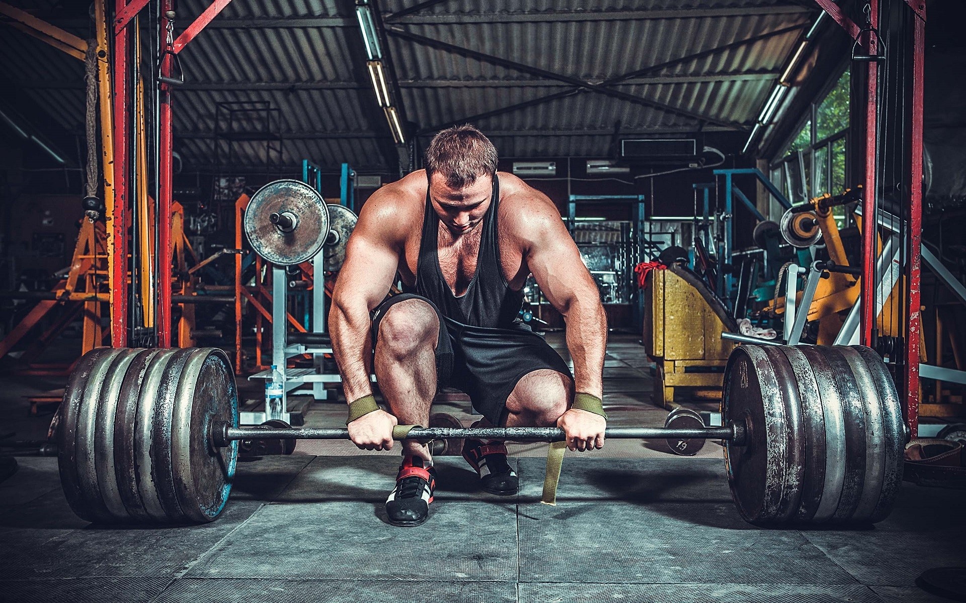 Muscular deadlifting bodybuilder, Heavy iron barbell, Hardcore rustic gym, HD Desktop wallpaper