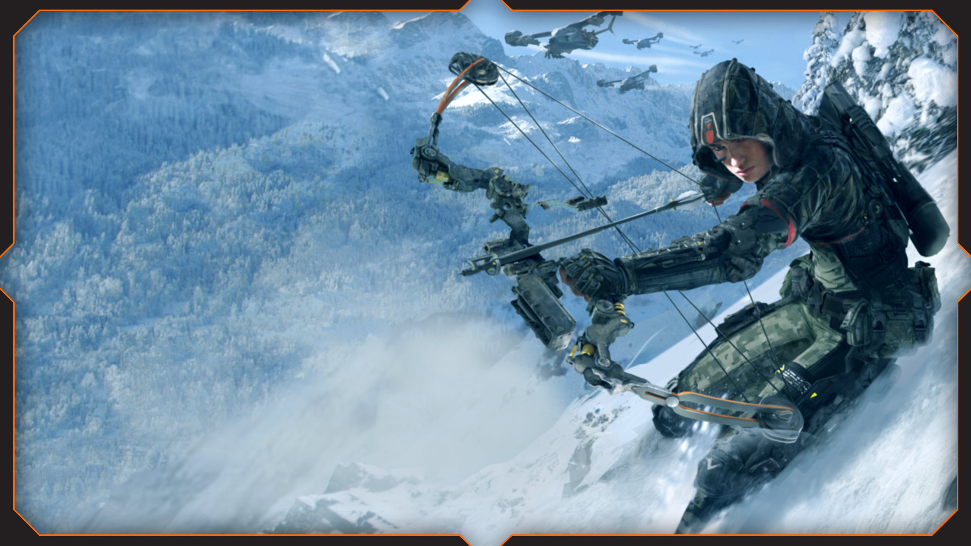 Outrider character, Sparrow compound bow, Snowy mountain landscape, Full HD Desktop wallpaper