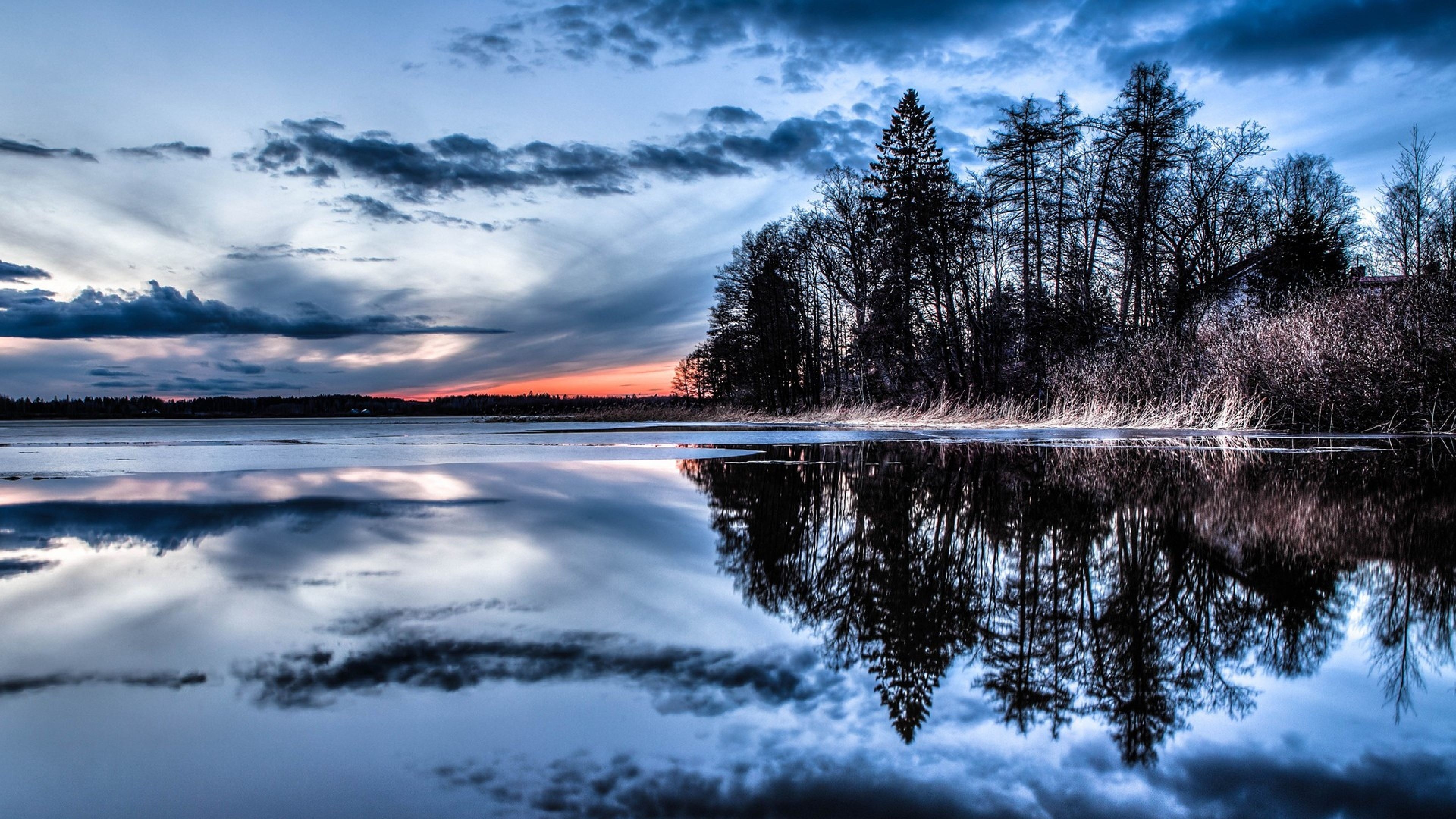 Pine forest shoreline reflection, Glassy calm lake, Twilight sunset horizon glow, 4K Desktop wallpaper
