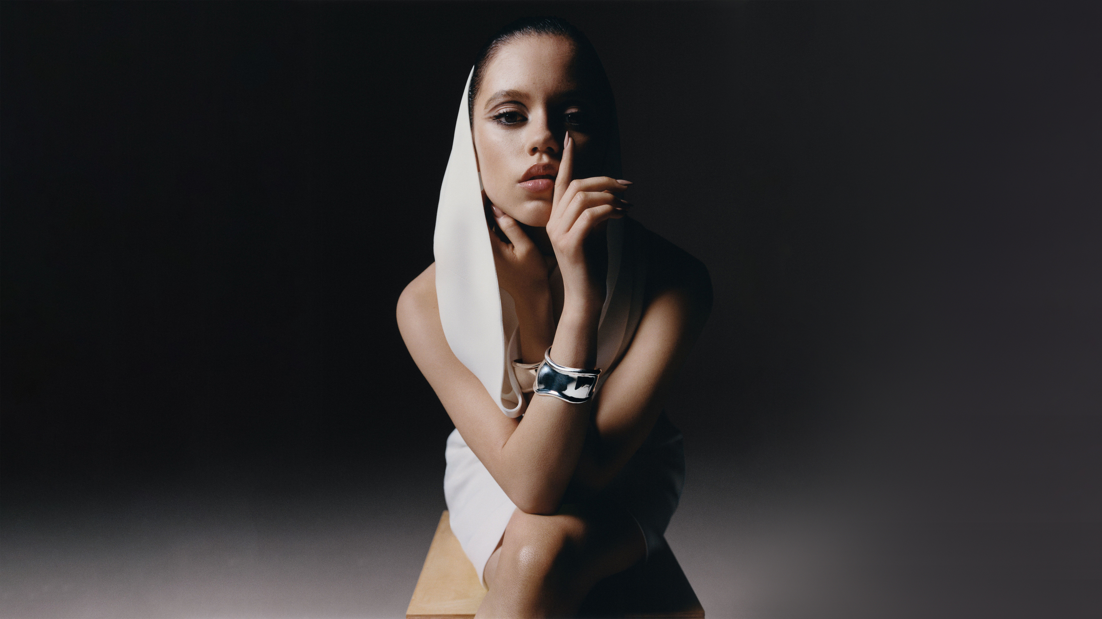 Jenna Ortega, white hooded dress, silver cuff bracelet, 4K Desktop wallpaper