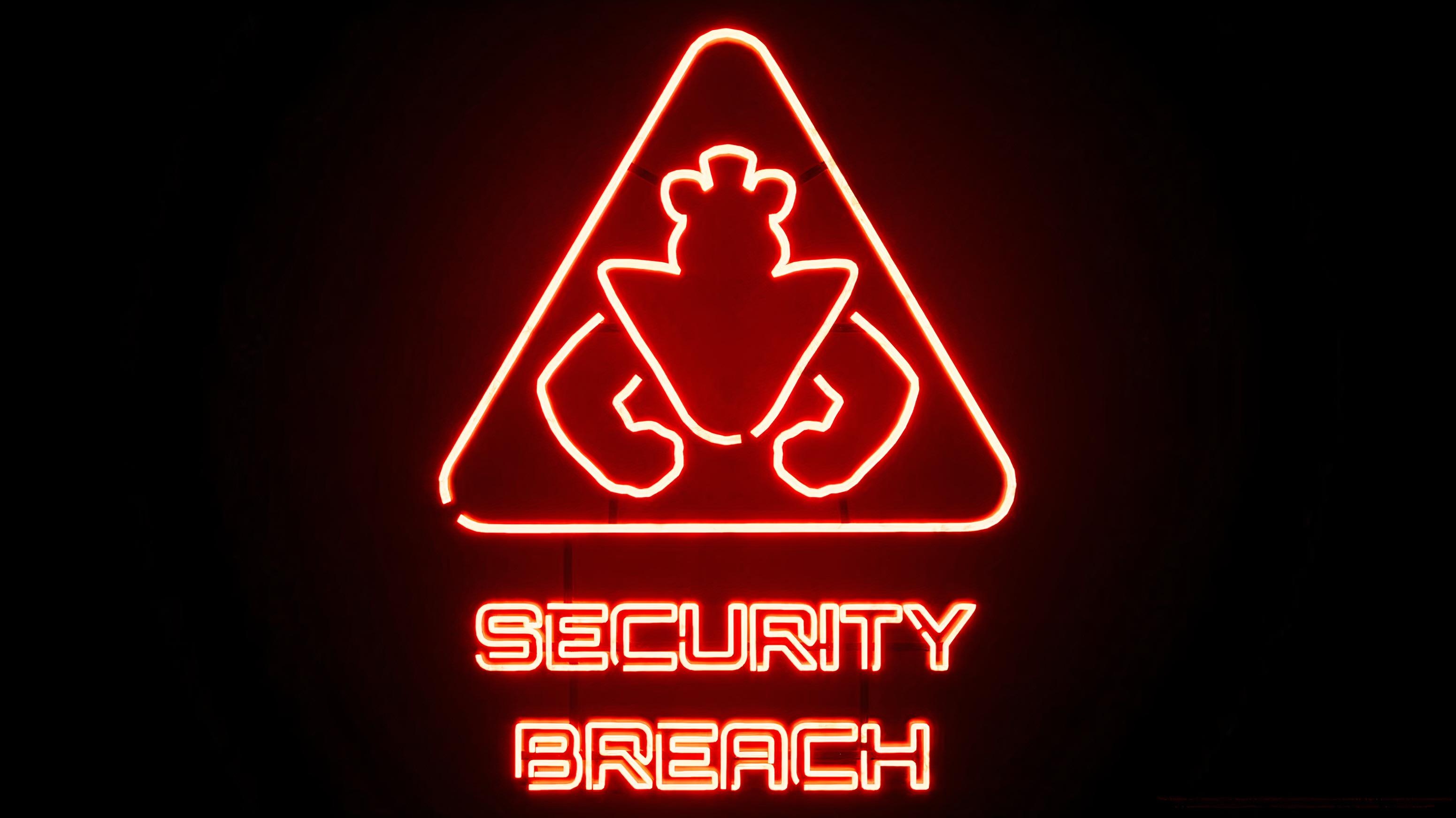 Five Nights at Freddy's: Security Breach neon sign, Glamrock Freddy neon outline, Red neon warning triangle, HD Desktop wallpaper
