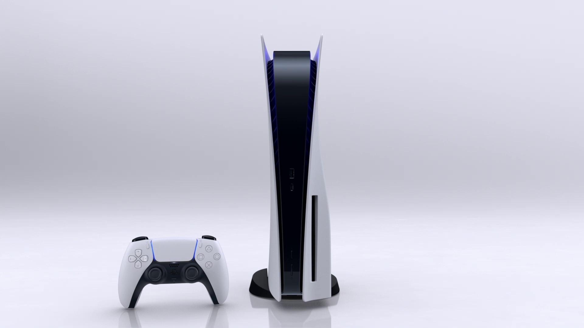 PlayStation 5 console, DualSense wireless controller, Pale grey studio backdrop, Full HD Desktop wallpaper