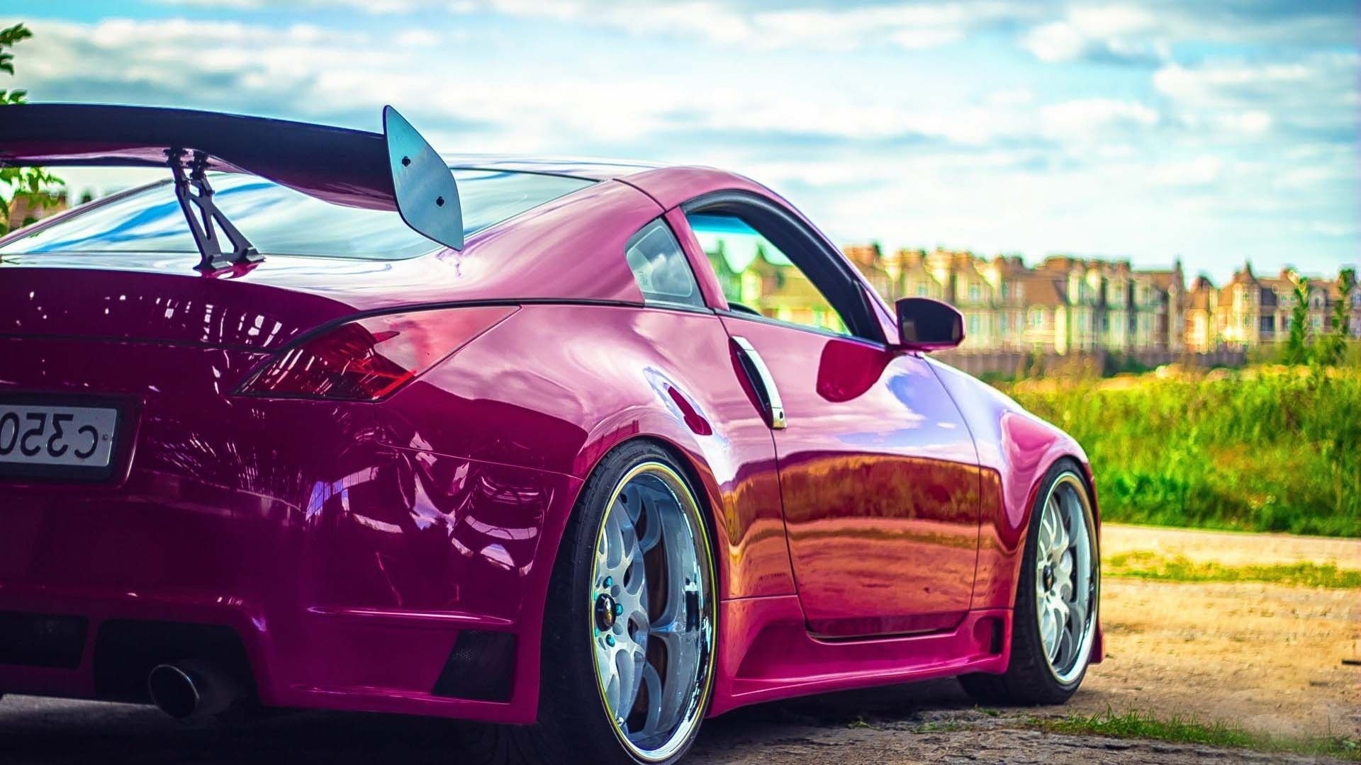 modified Nissan 350Z, rear GT wing spoiler, chrome deep dish wheels, Full HD Desktop wallpaper