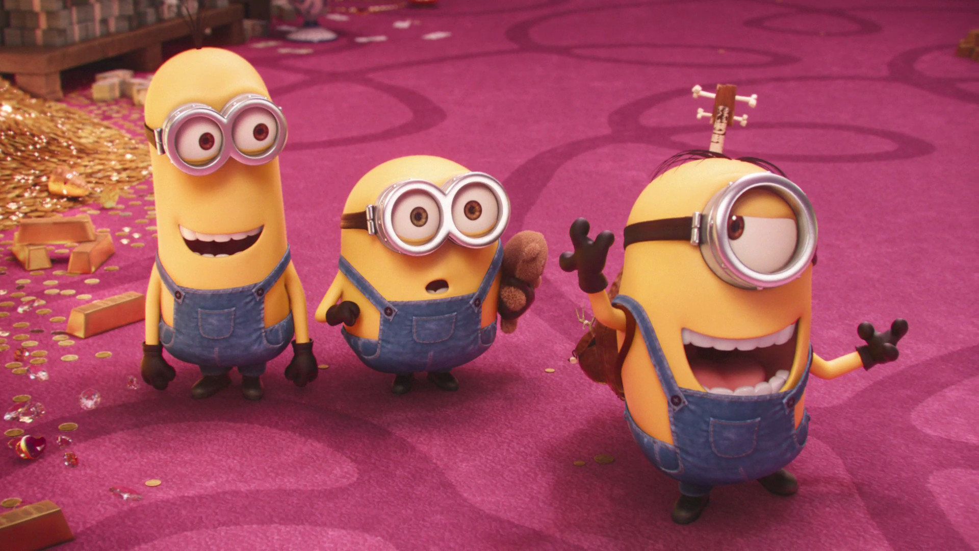 Minion Bob, Minion Kevin, Minion Stuart, Teddy bear Tim, Full HD Desktop wallpaper