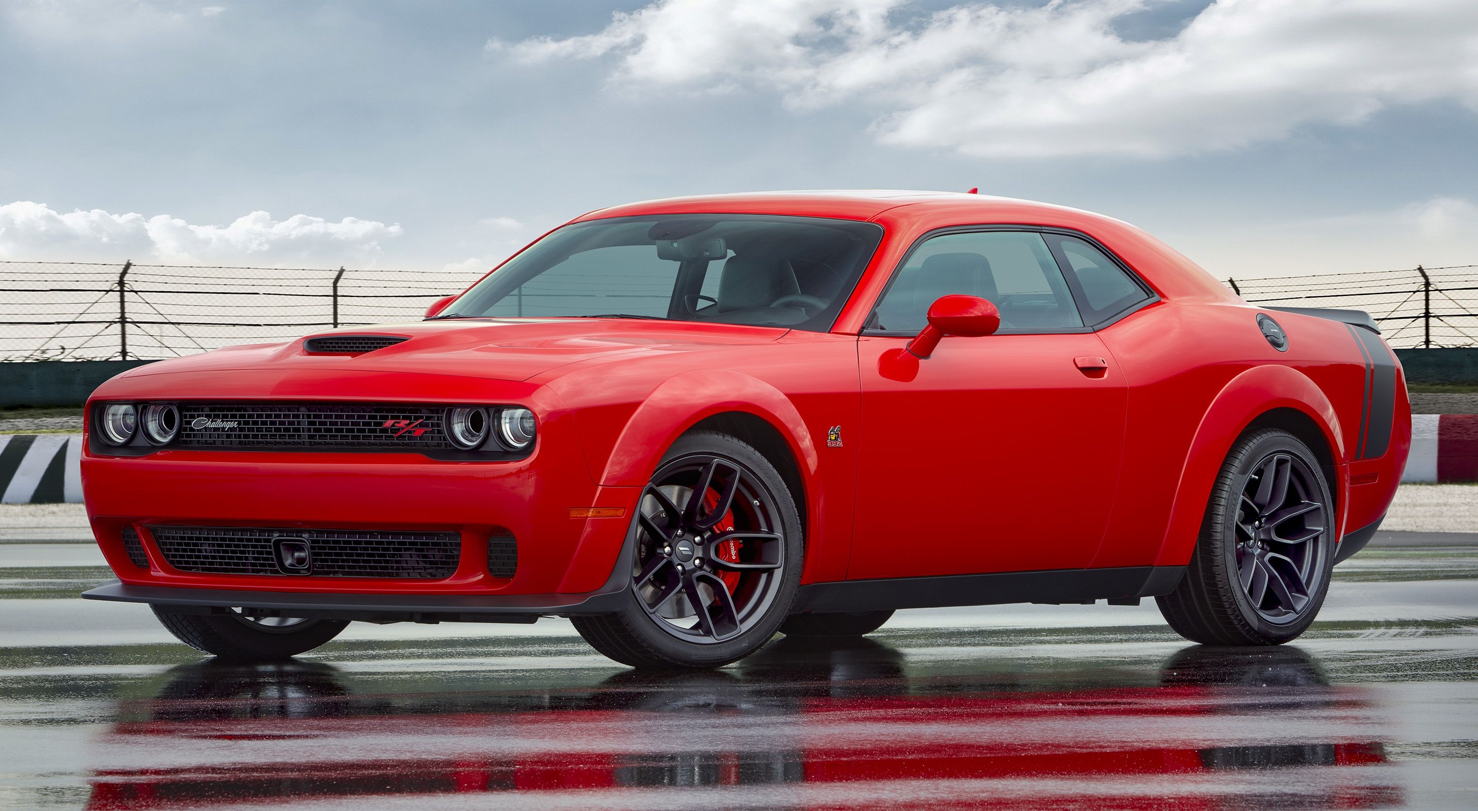 Dodge Challenger Scat Pack Widebody, wet asphalt racetrack, red muscle car, HD Desktop wallpaper
