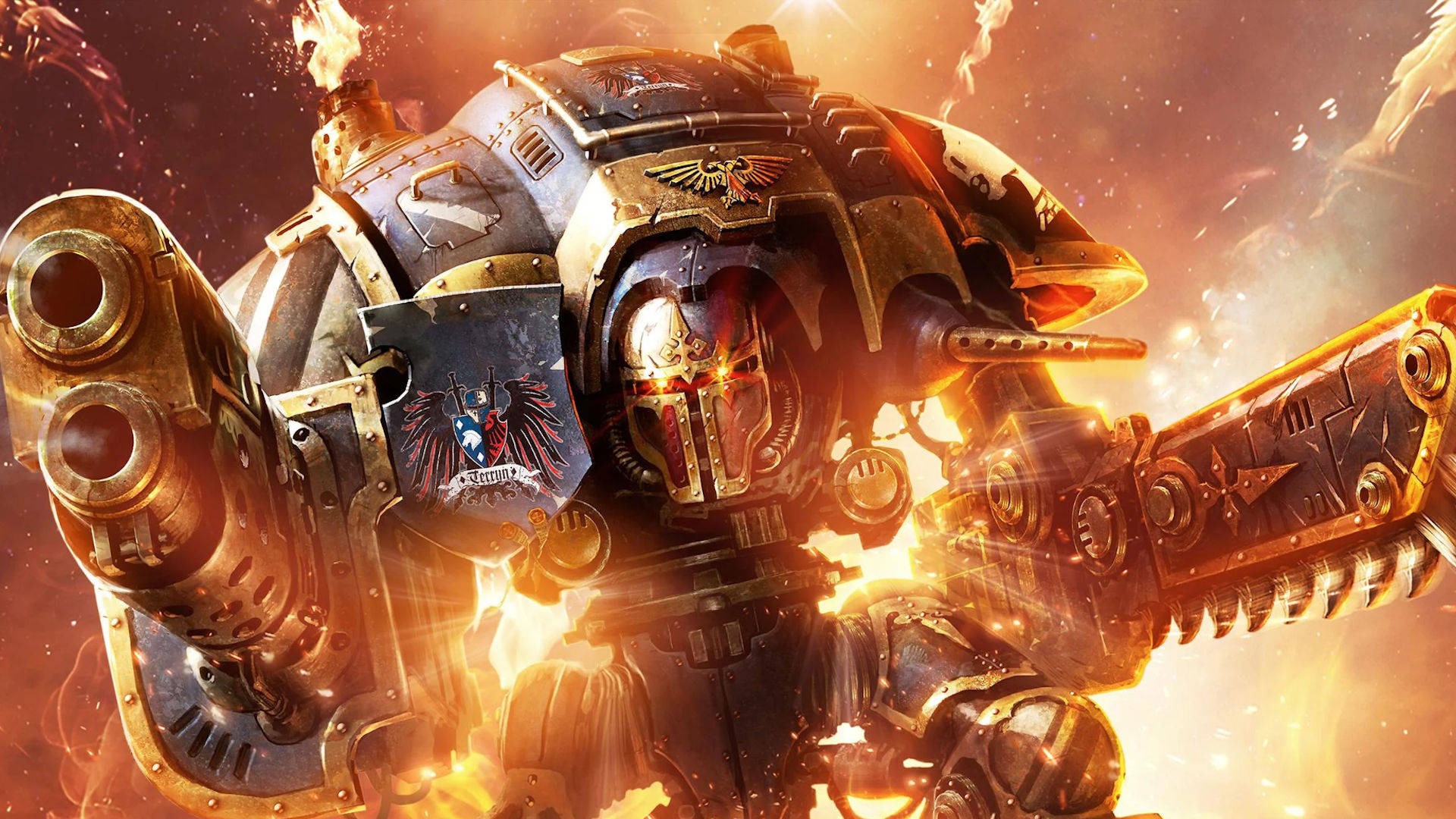 House Terryn Imperial Knight, Reaper chainsword weapon, Fiery battlefield explosion, Full HD Desktop wallpaper