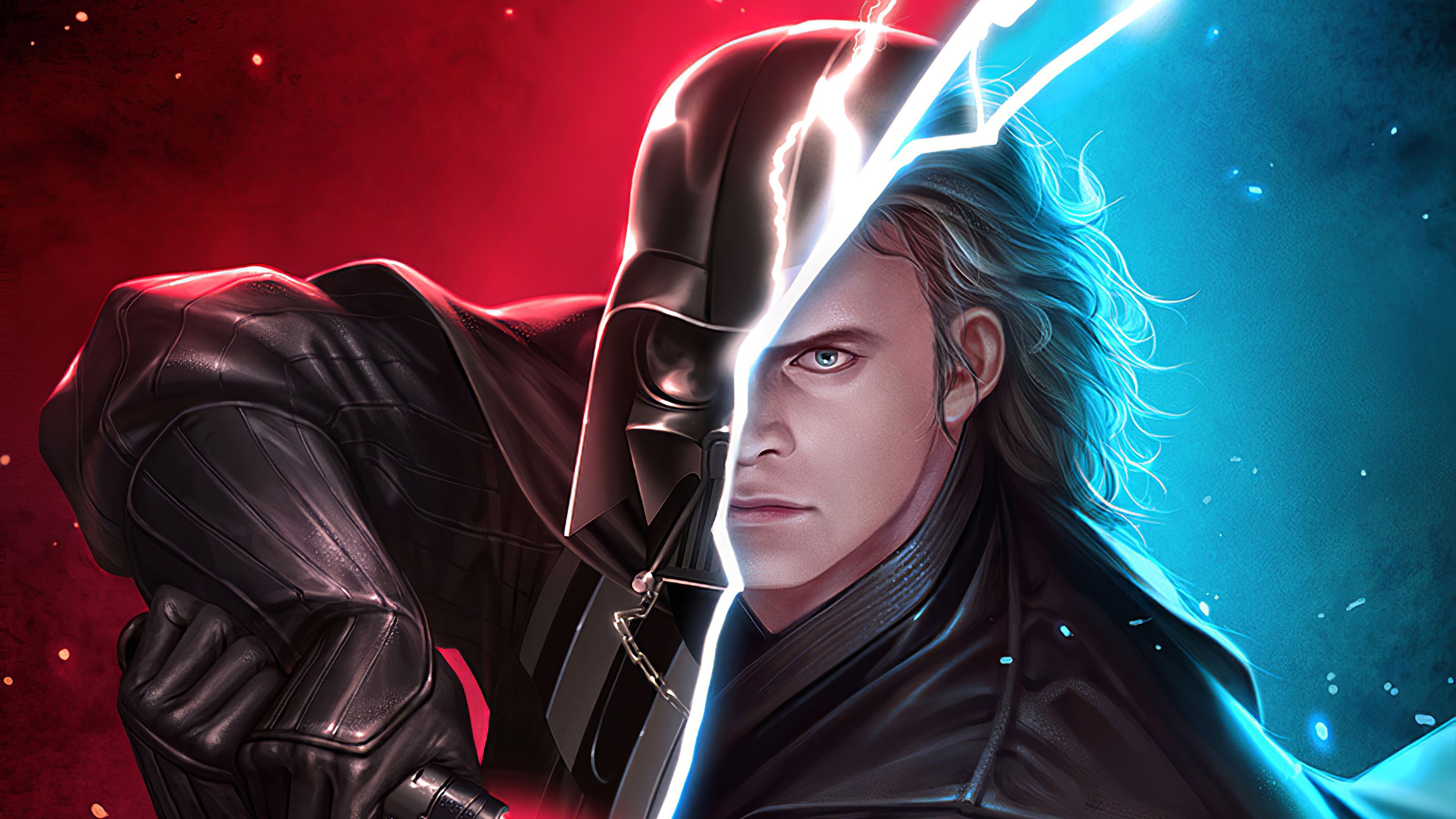 Anakin Skywalker, Darth Vader, Blue and red lighting split, HD Desktop wallpaper