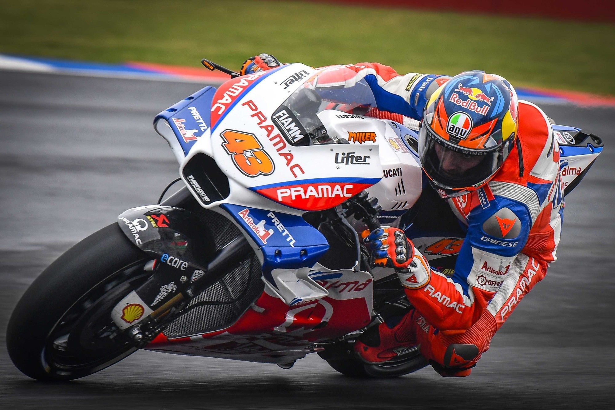Jack Miller number 43, Pramac Racing Ducati Desmosedici GP, MotoGP knee down wet asphalt, HD Desktop wallpaper