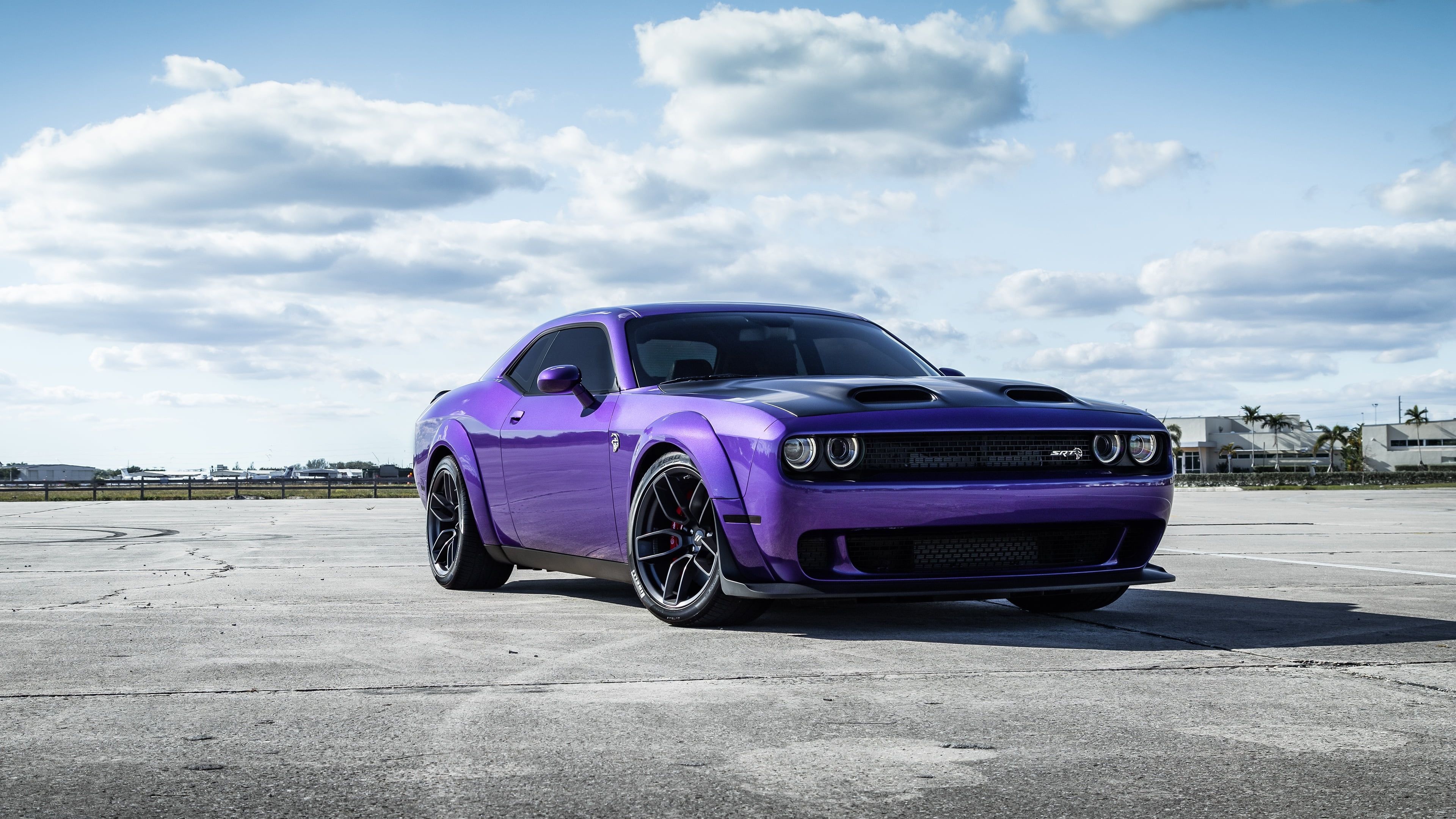 Dodge Challenger SRT Hellcat Widebody, Plum Crazy purple paint, sunny airport tarmac, 4K Desktop wallpaper