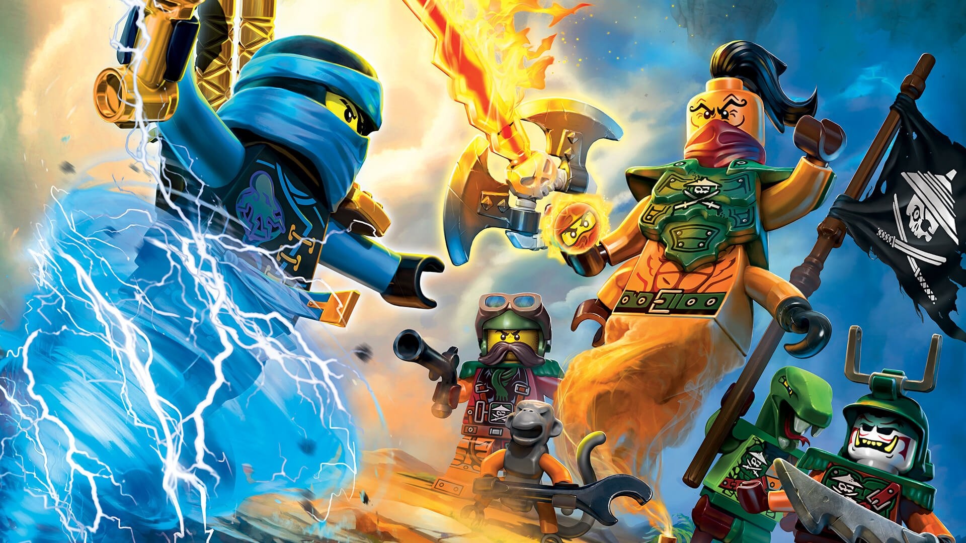 Jay in lightning Spinjitzu, Sky Pirates captain, Skull crossbones pirate flag, Goggled pirate with musket, Ninjago sky battle, Full HD Desktop wallpaper