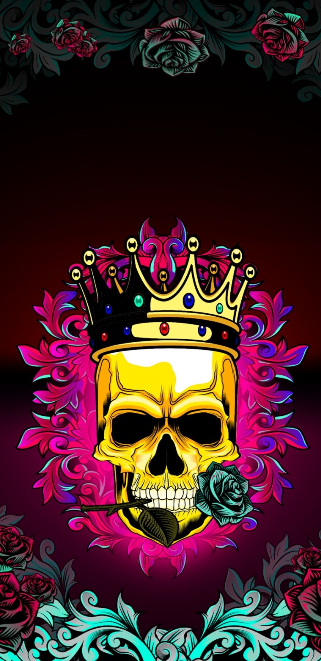 Golden skull jewelled crown, Teal rose in teeth, Pink baroque filigree frame, Dark rose border pattern, HD Phone wallpaper