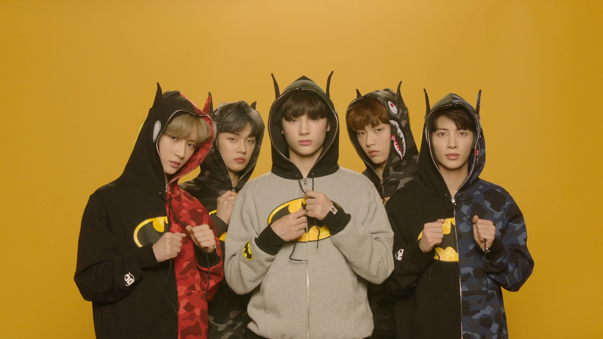 Tomorrow X Together, BAPE Batman hoodies, Yellow studio backdrop, Full HD Desktop wallpaper