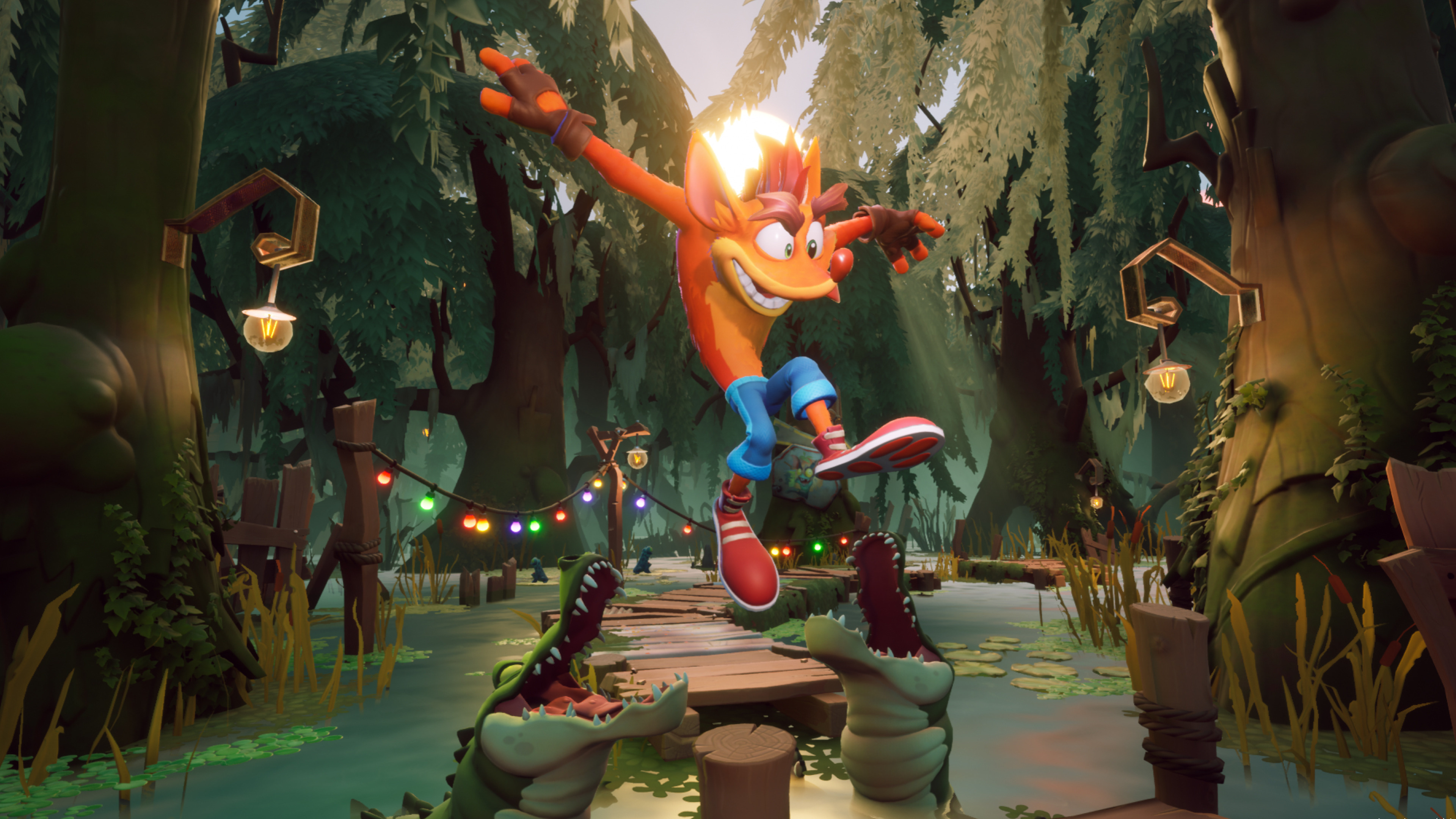 Crash Bandicoot, Snapping swamp alligators, Bayou wooden boardwalk, 4K Desktop wallpaper