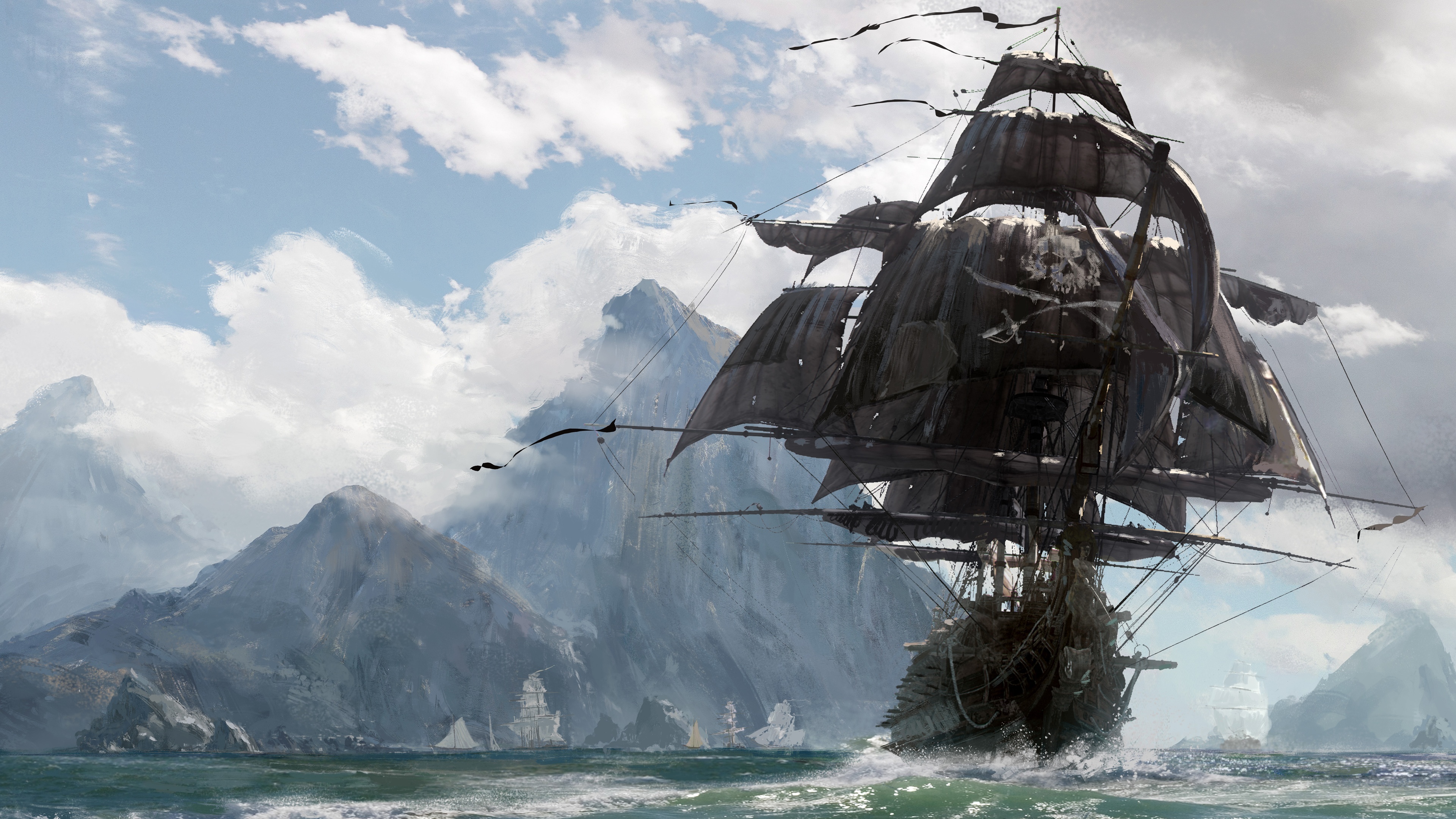Black-sailed pirate galleon, Misty coastal sea mountains, Rough ocean waves, 4K Desktop wallpaper
