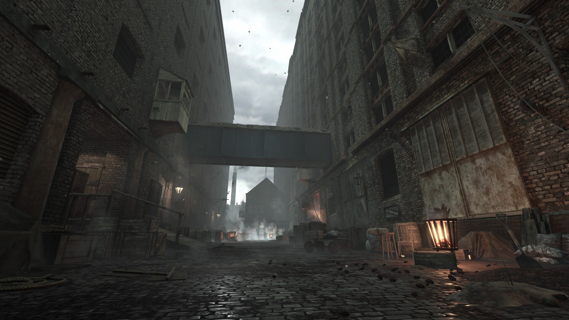 Industrial brick alley, Smoky cobblestone street, Full HD Desktop wallpaper