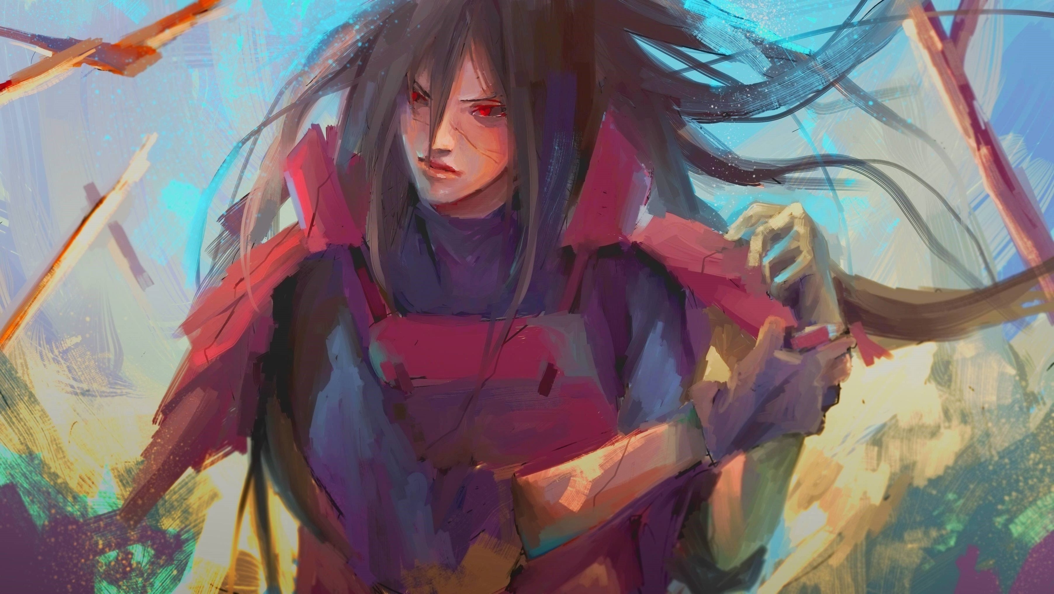 Madara Uchiha, Sharingan eyes, Red shinobi armor, HD Desktop wallpaper