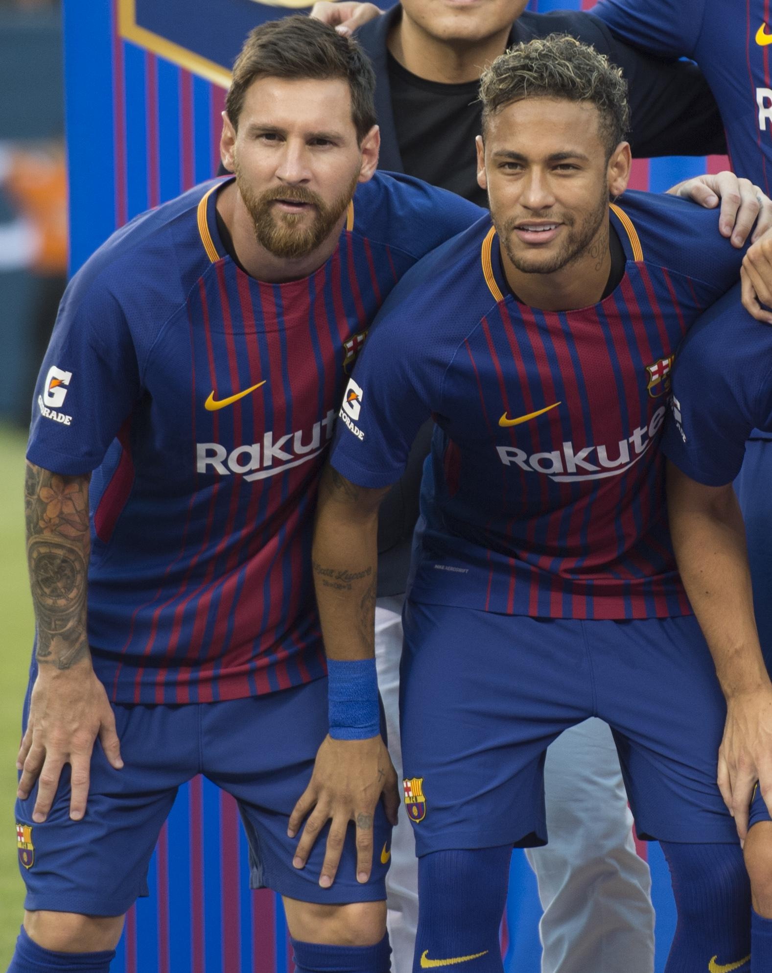 Lionel Messi, Neymar Jr., FC Barcelona home kit, HD Phone wallpaper