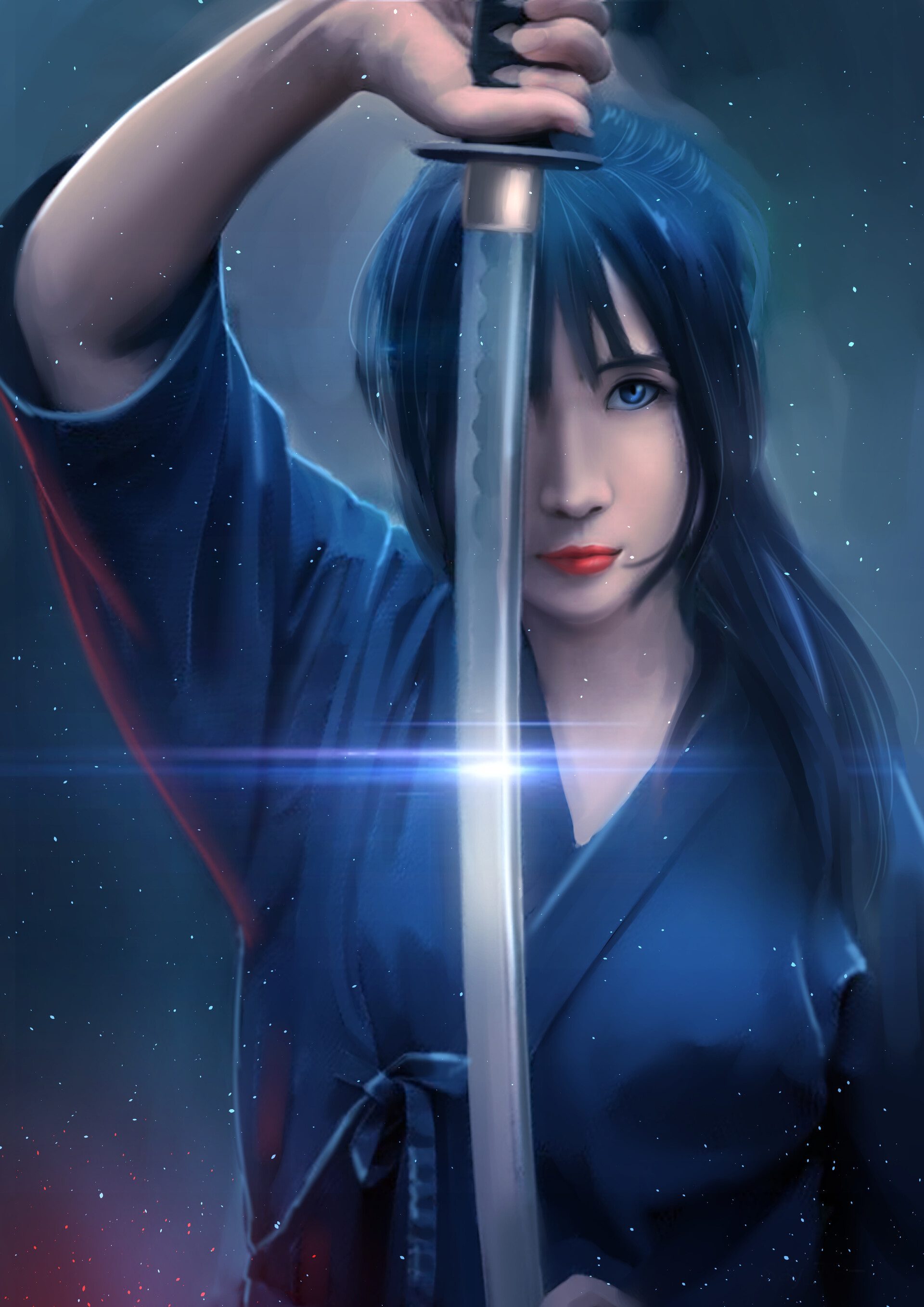 Samurai girl warrior, Unsheathed katana sword, Blue martial arts kimono, HD Phone wallpaper