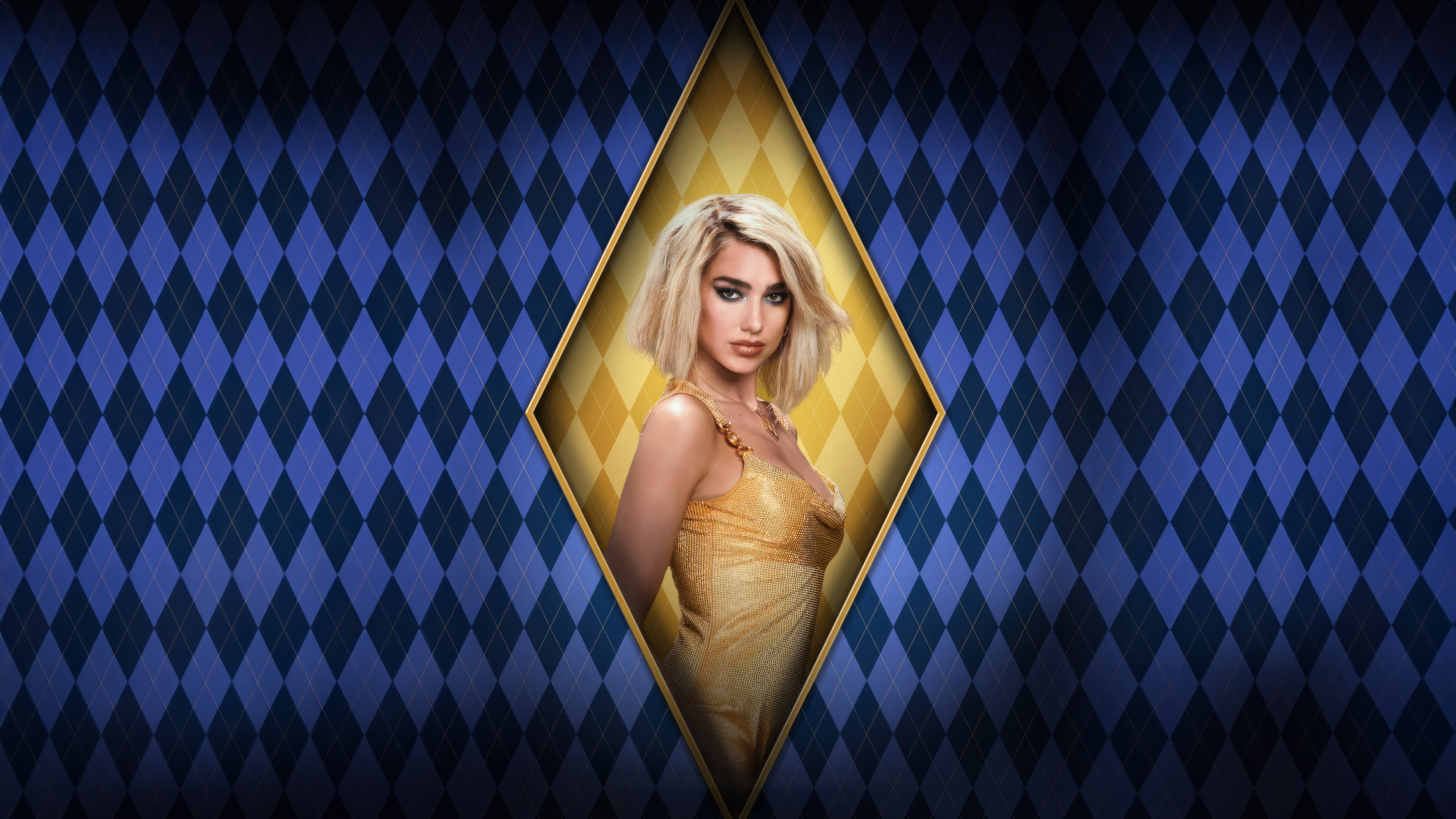 Dua Lipa, Argylle, Blonde bob, Gold sequin dress, Blue argyle backdrop, 4K Desktop wallpaper