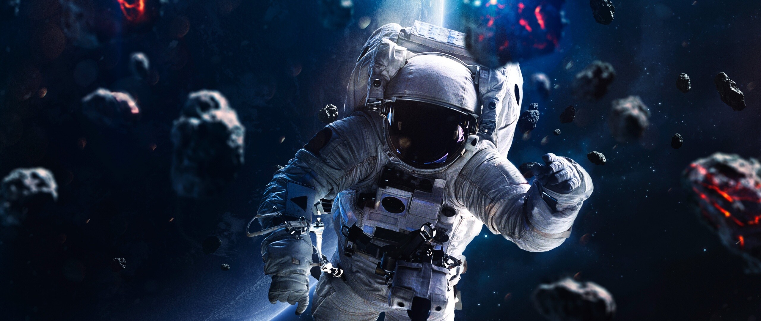 Asteroids, Astronauts Wallpaper, 2560x1080 Dual Screen Desktop