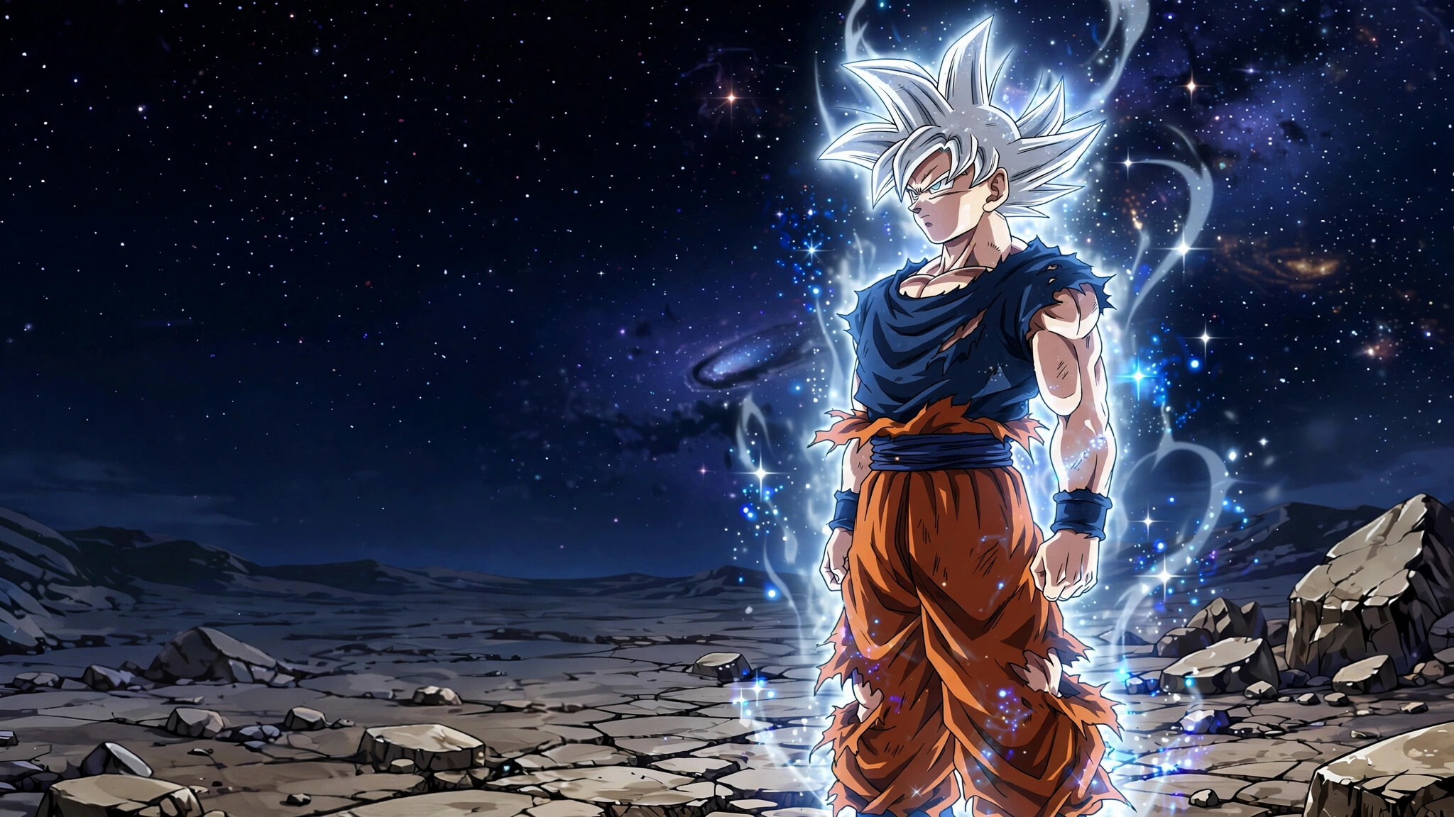 Goku, Ultra Instinct, Silver hair, Silver eyes, Starfield backdrop, Dragon Ball Super, HD Desktop wallpaper
