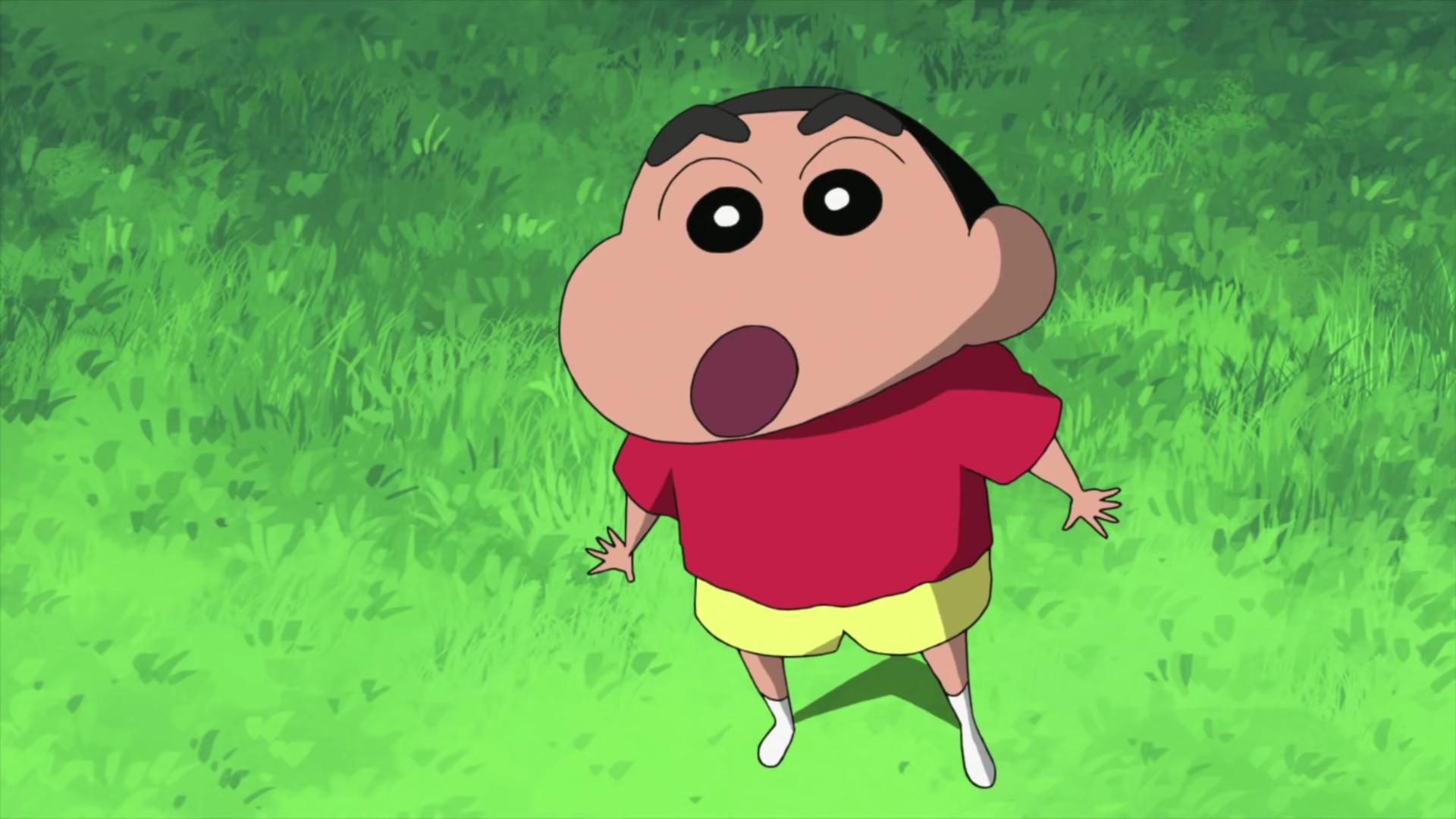 Shinnosuke Nohara, green grass lawn, red shirt yellow shorts, Full HD Desktop wallpaper