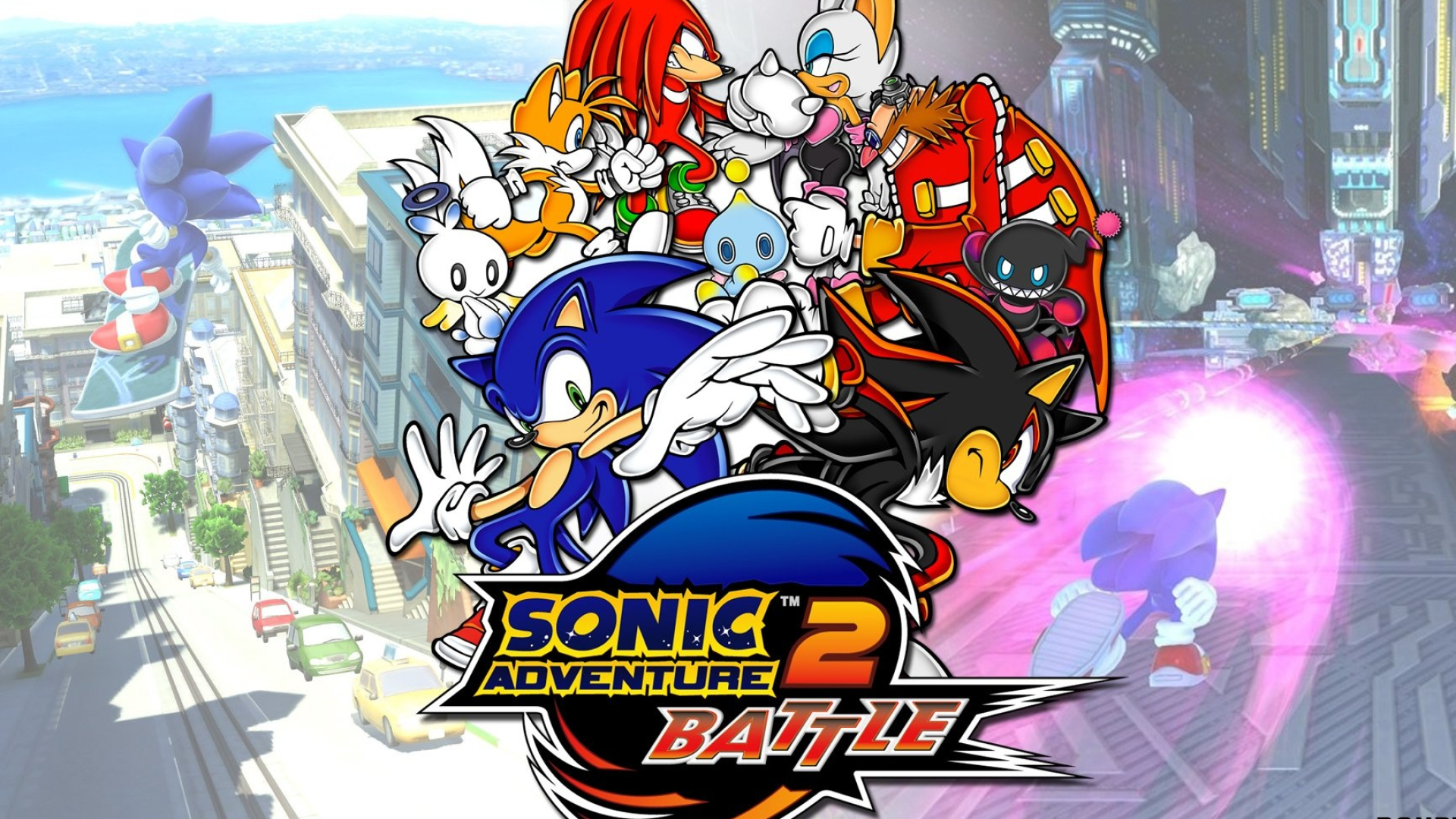 Sonic Adventure 2 Battle logo, Sonic the Hedgehog, Shadow the Hedgehog, Doctor Eggman, City Escape stage, Full HD Desktop wallpaper