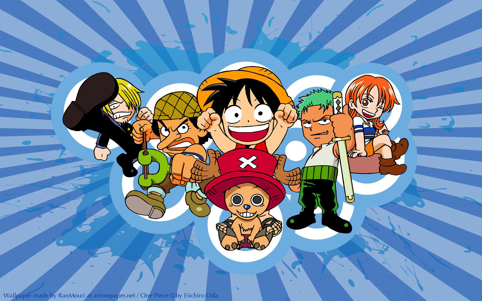 Monkey D. Luffy, Tony Tony Chopper, Roronoa Zoro, Straw Hat Pirates, blue sunburst background, HD Desktop wallpaper