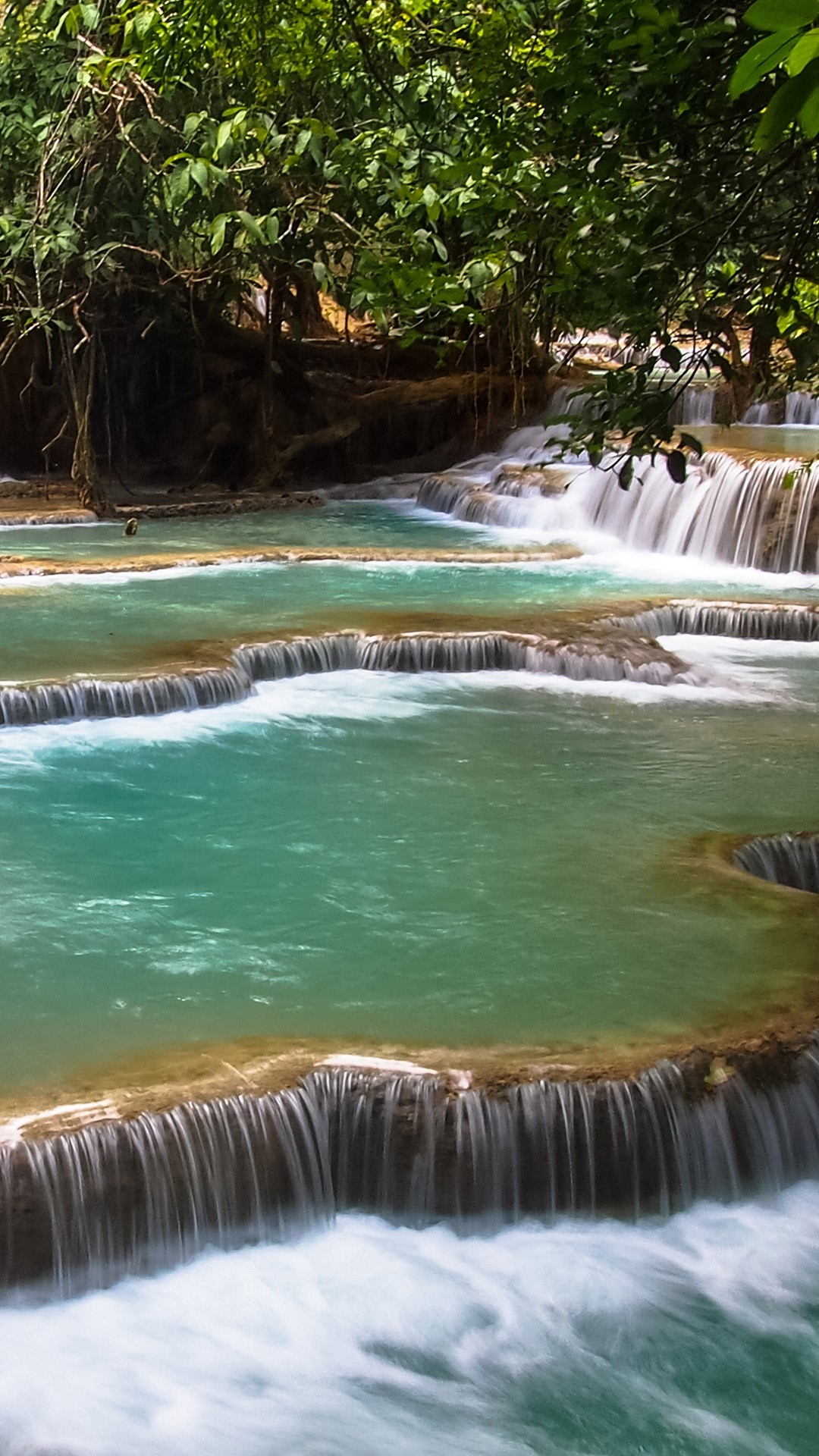 Waterfall in forest, Tat Kuang Si Falls, Windows 10 Spotlight, 1080x1920 Full HD Phone