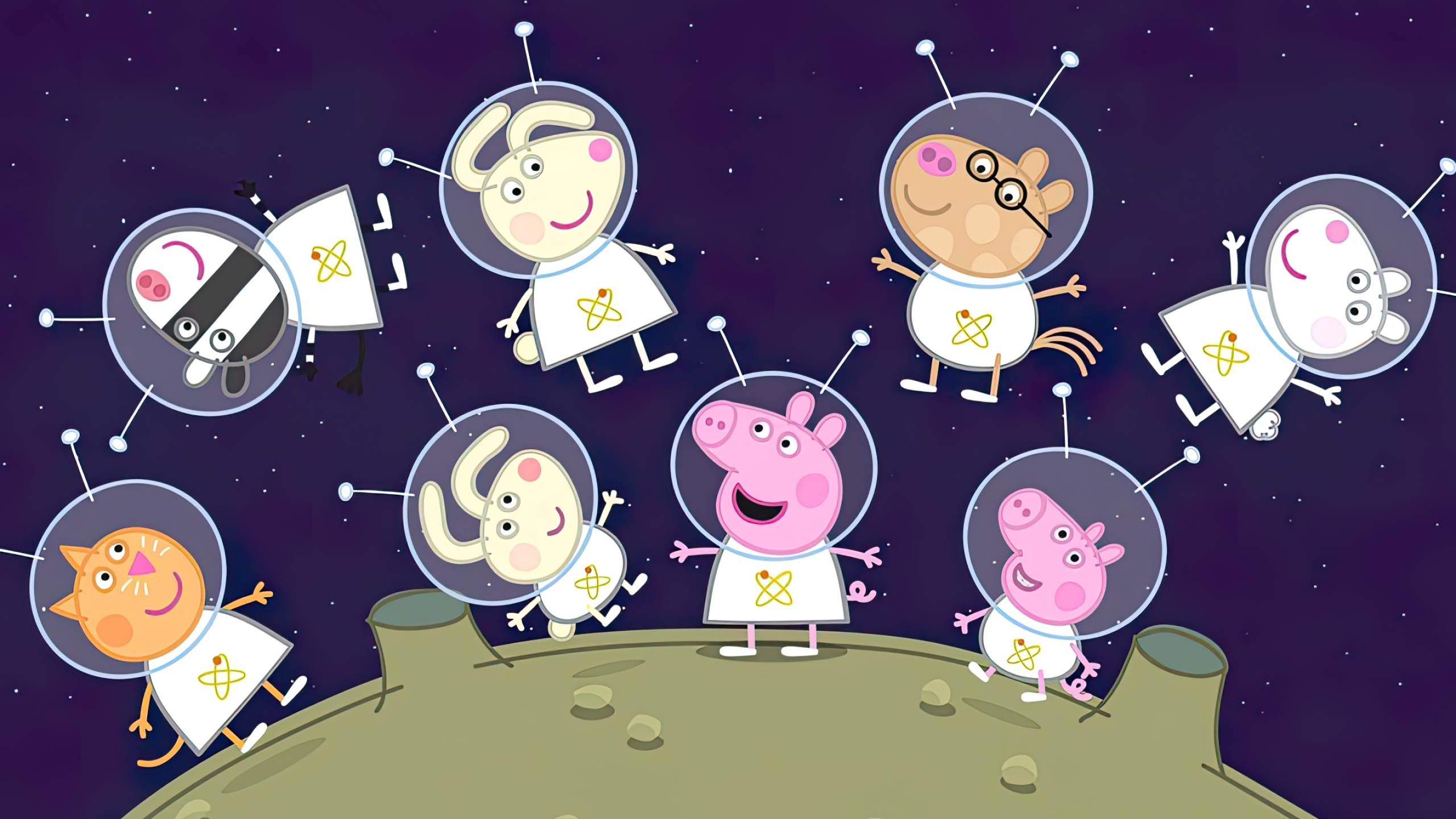 Peppa Pig, George Pig, Suzy Sheep, Pedro Pony, Cartoon moon surface, HD Desktop wallpaper