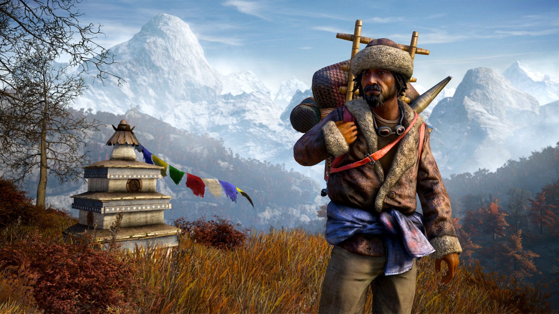 Far Cry 4 Sherpa trader, Kyrat mountain landscape, Buddhist chorten with prayer flags, Full HD Desktop wallpaper