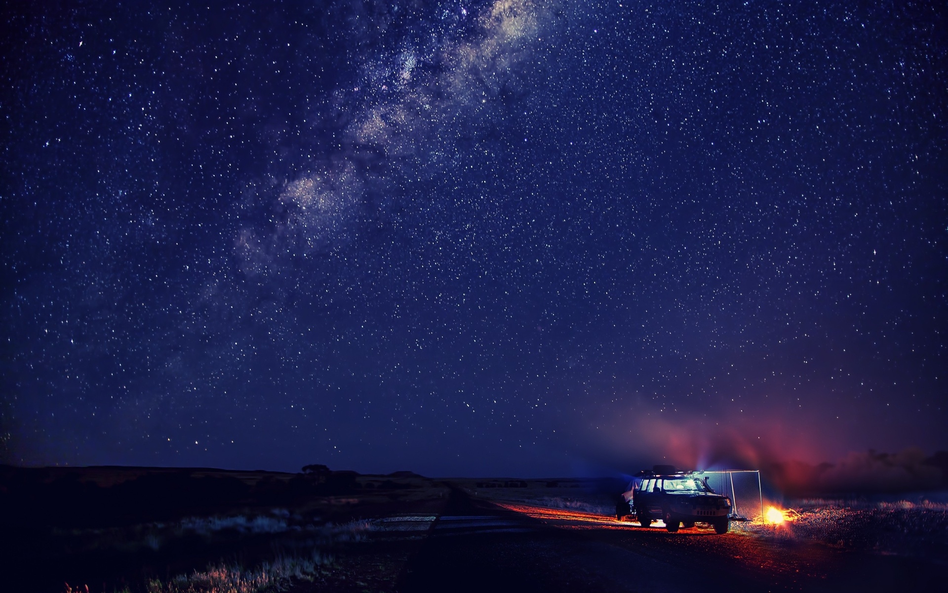 Milky Way galaxy, overland 4WD vehicle, roadside campfire, HD Desktop wallpaper