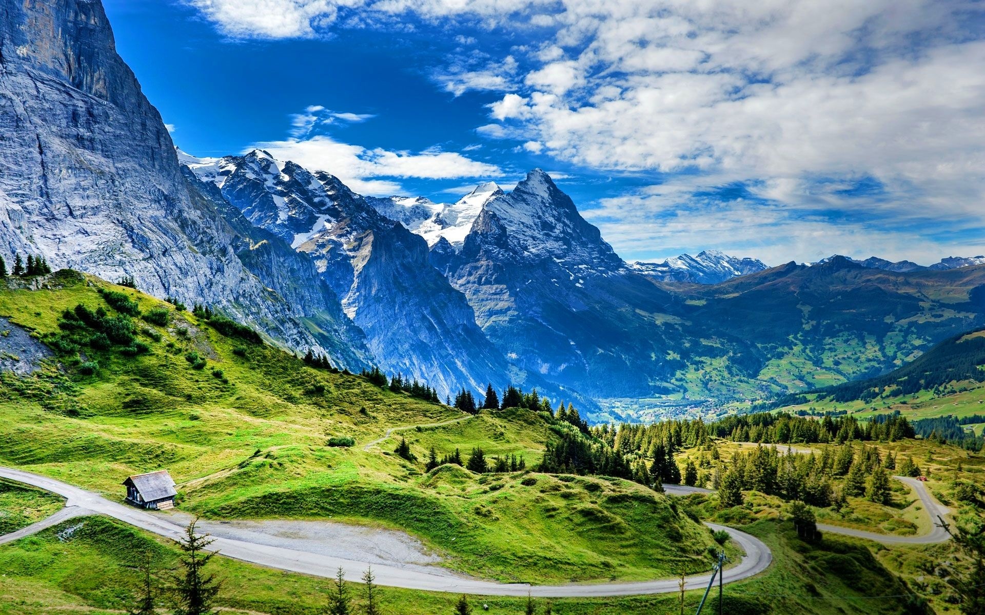 Bernese Alps landscape, Grindelwald valley, Winding alpine mountain road, HD Desktop wallpaper