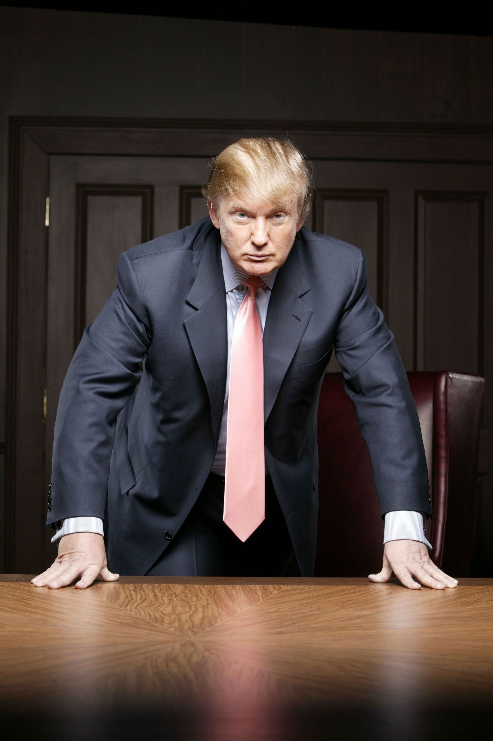 Donald Trump, wooden boardroom desk, pink silk tie, HD Phone wallpaper