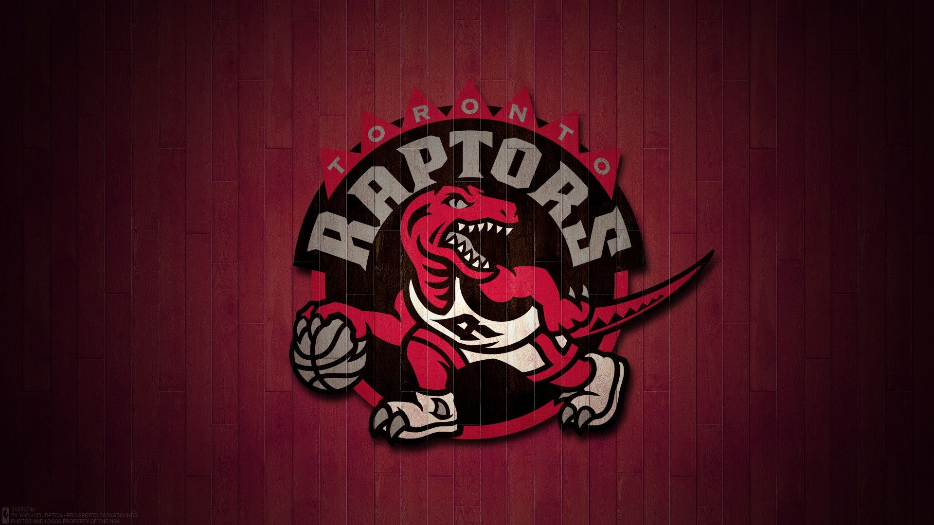 Toronto Raptors roundel logo, Red raptor dribbling basketball, NBA hardwood court backdrop, Full HD Desktop wallpaper