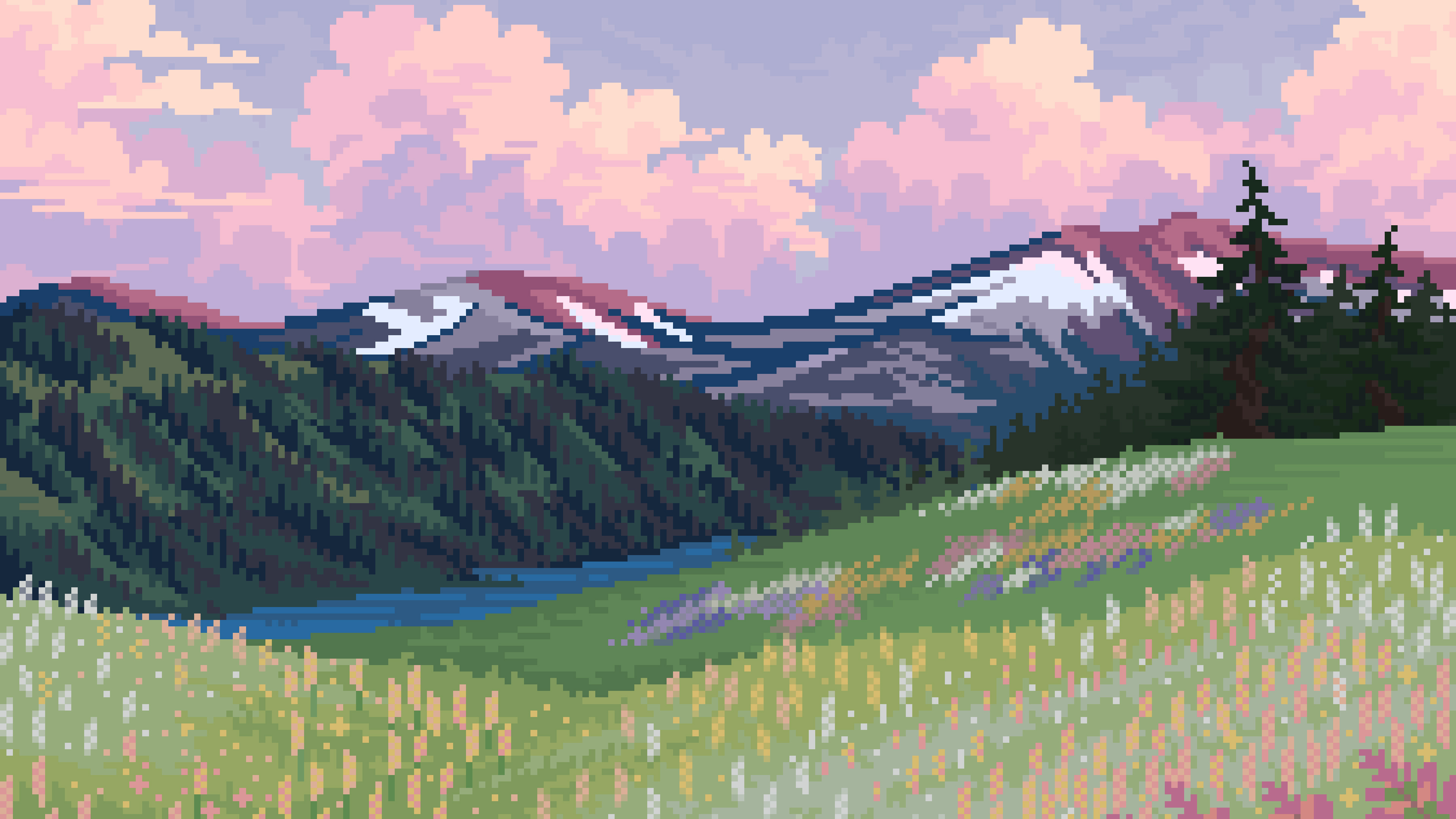 snowy mountain range, blooming alpine meadow, pastel sunset clouds, 4K Desktop wallpaper