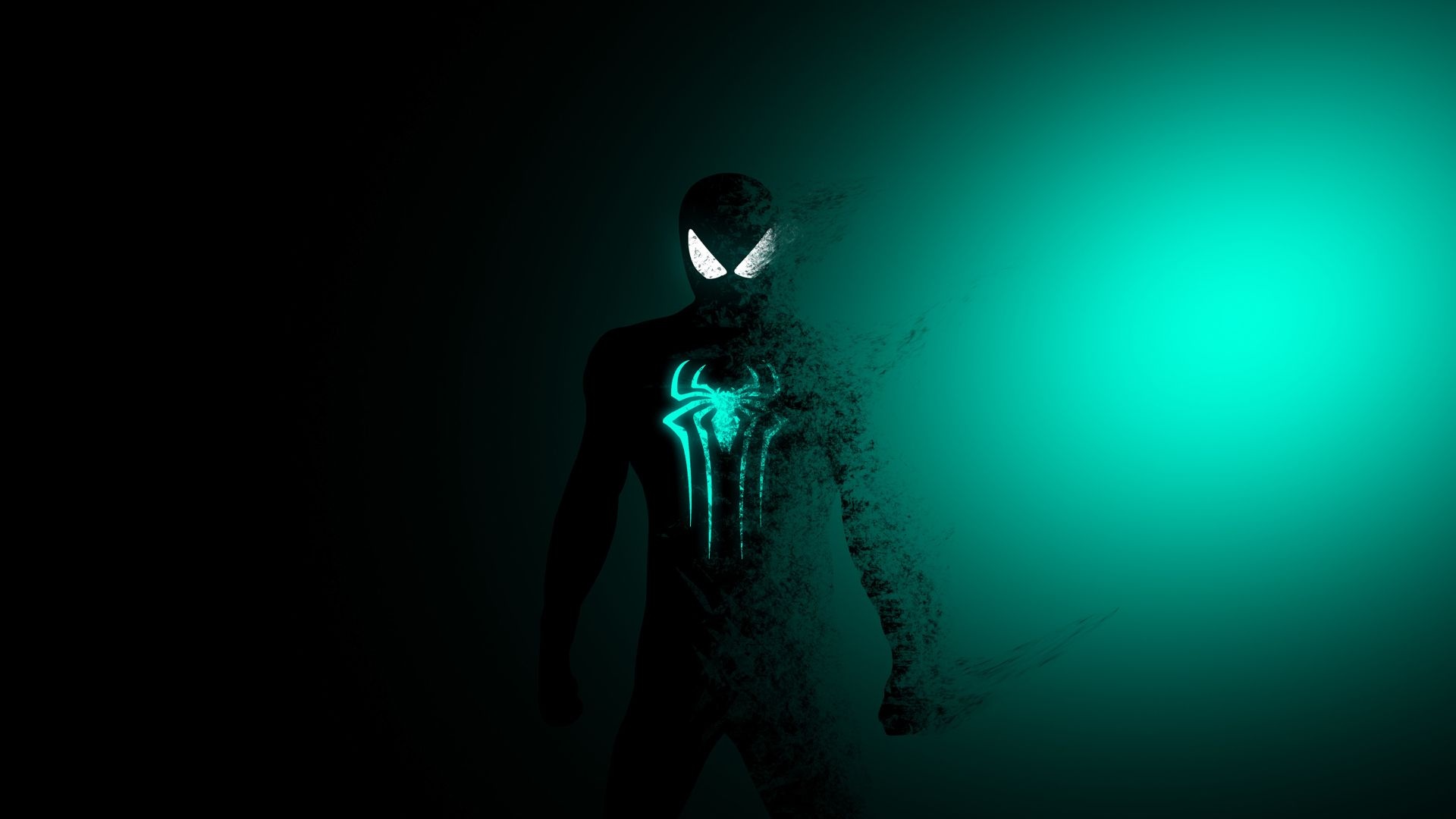 Spider-Man silhouette, glowing spider emblem, cyan particle disintegration, Full HD Desktop wallpaper