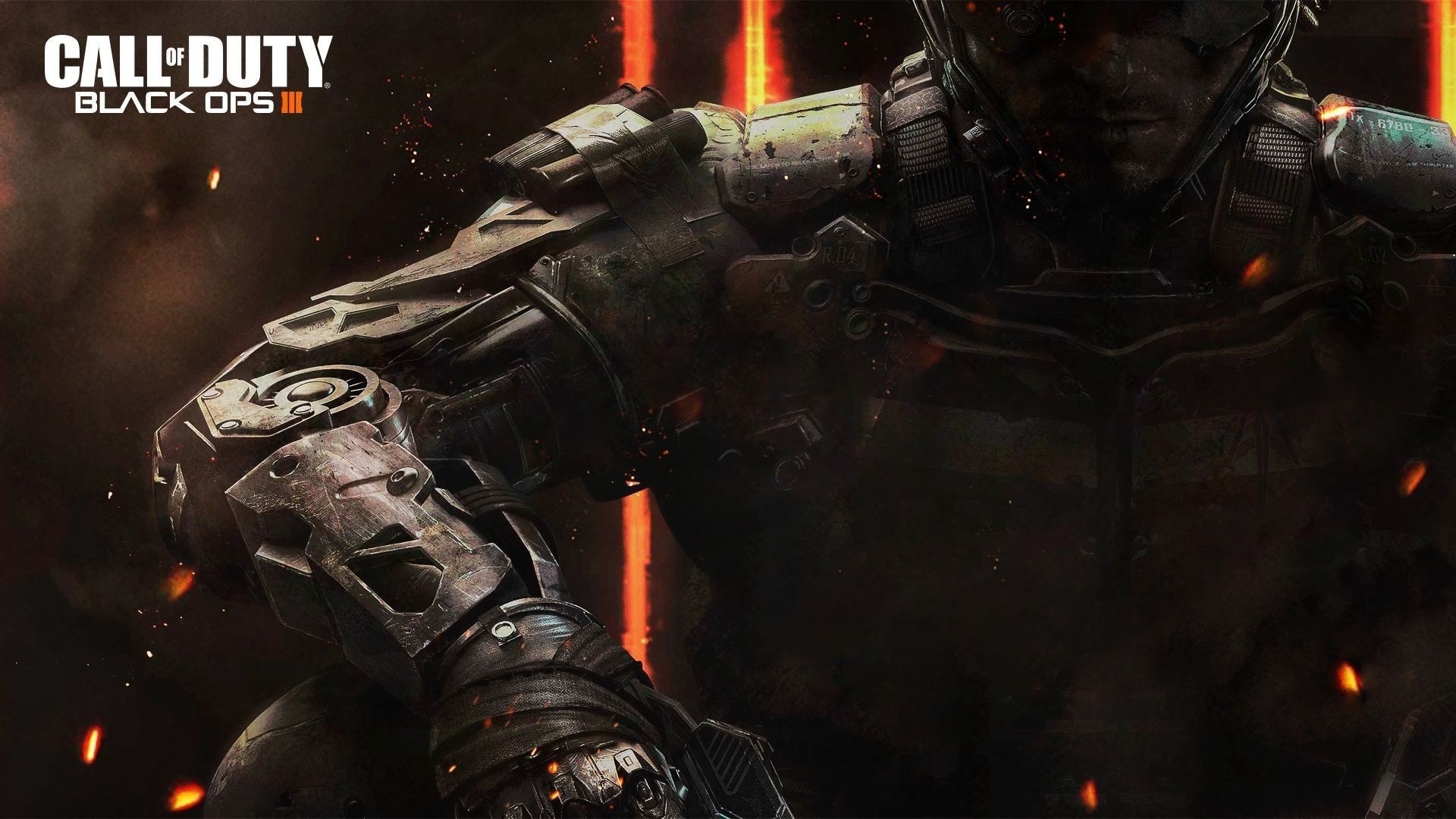 Call of Duty: Black Ops III logo, Cybernetic soldier exoskeleton suit, Glowing orange light beams and embers, Full HD Desktop wallpaper