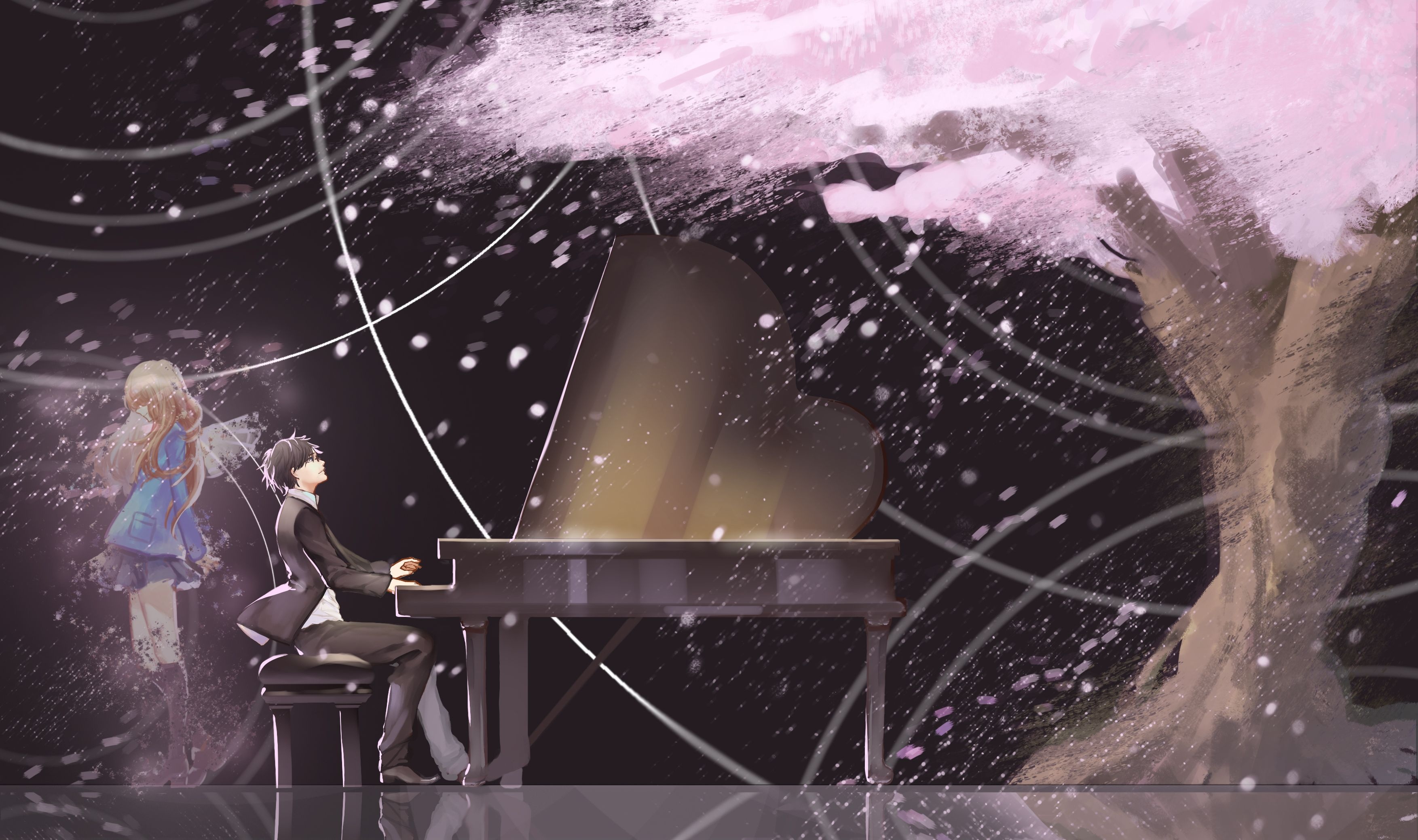 Kousei Arima playing piano, Kaori Miyazono fading silhouette, Cherry blossom tree, HD Desktop wallpaper
