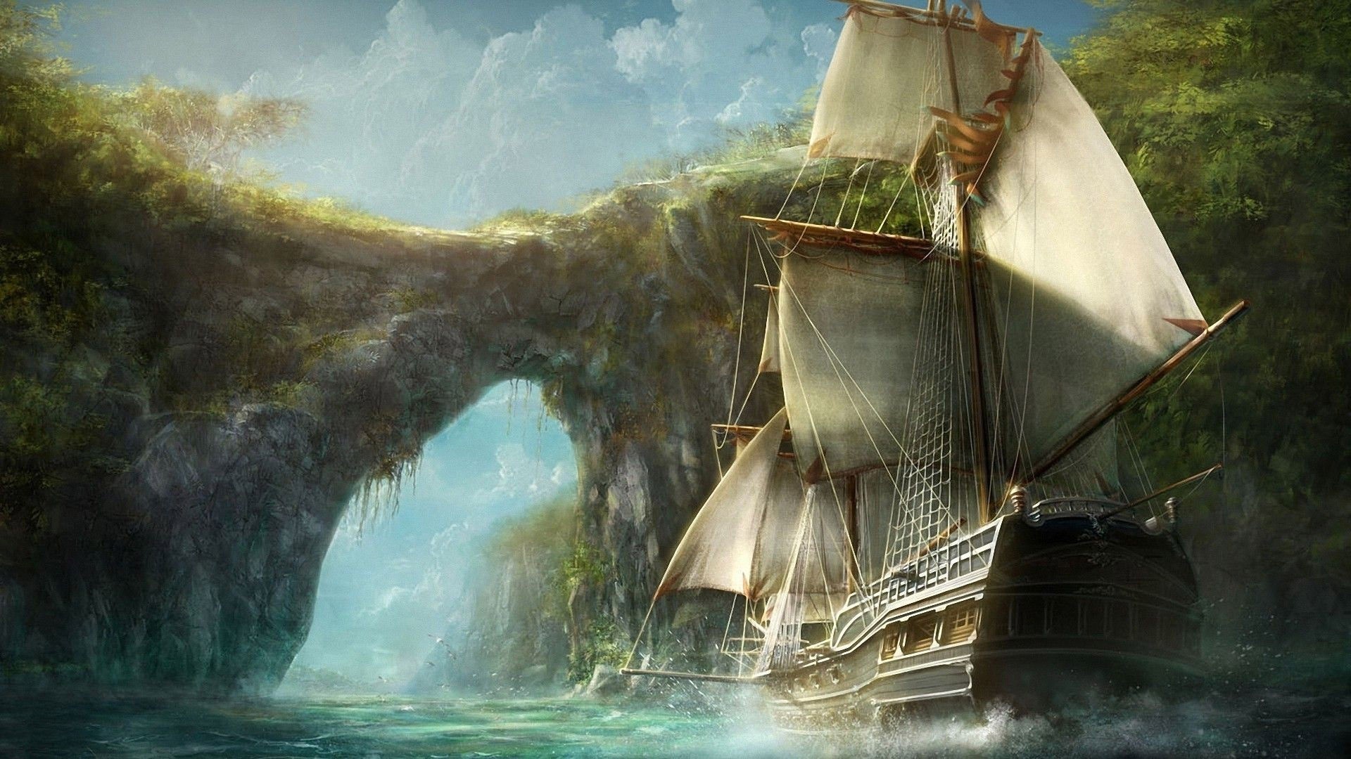 Wooden galleon sailing ship, Natural rock sea arch, Tropical coastal cliffs, Full HD Desktop wallpaper